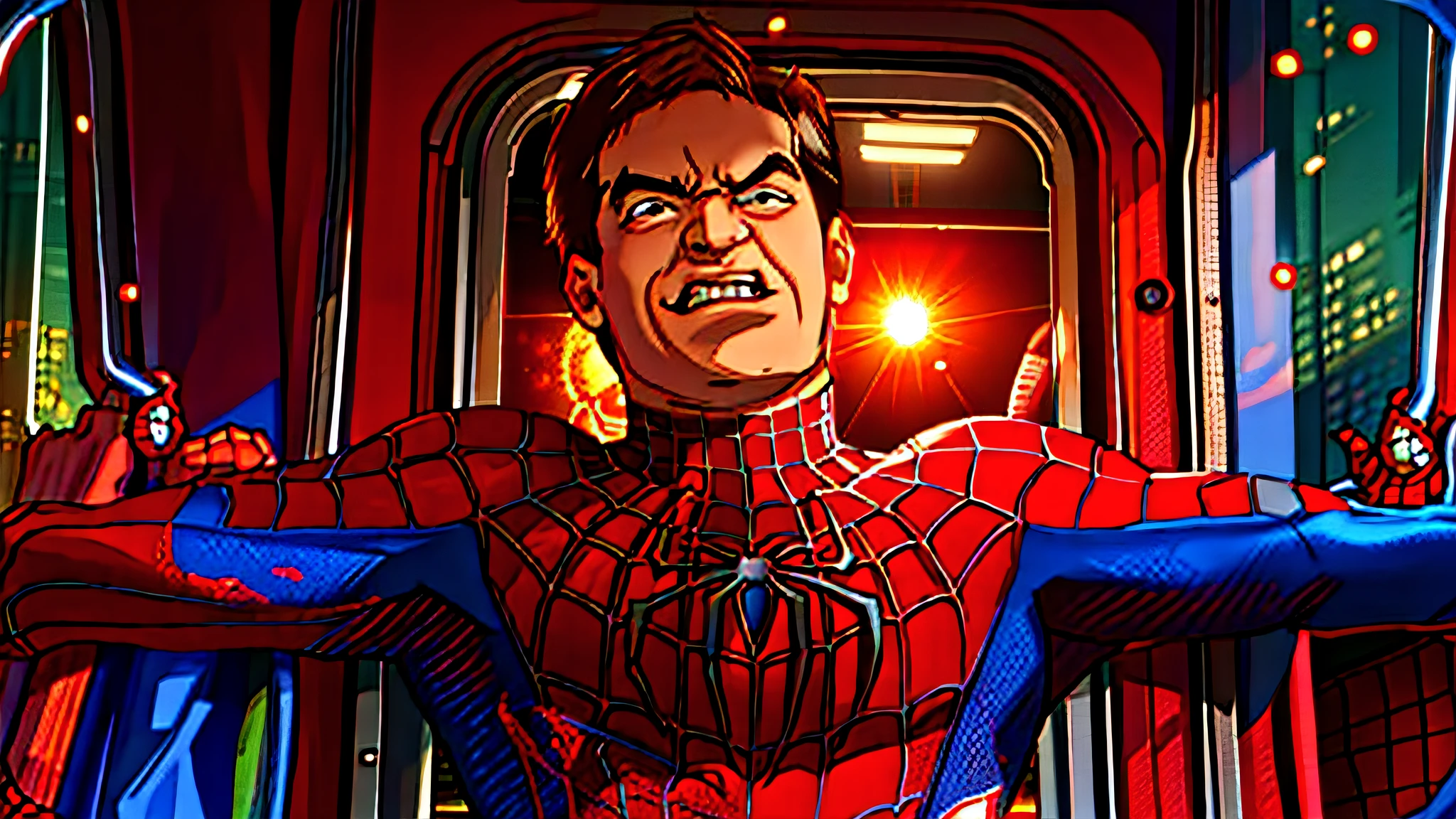 spider - man with his arms spread wide out in front of a train, mr bean as spiderman, tobey maguire, spider gag, peter parker as spiderman, spiderman in the moshpit, peter parker, spiderman, spiderman!!, spider - man, spider-man, jesse pinkman as spider-man, adi meyers, dwayne johnson as spiderman, saving the day again