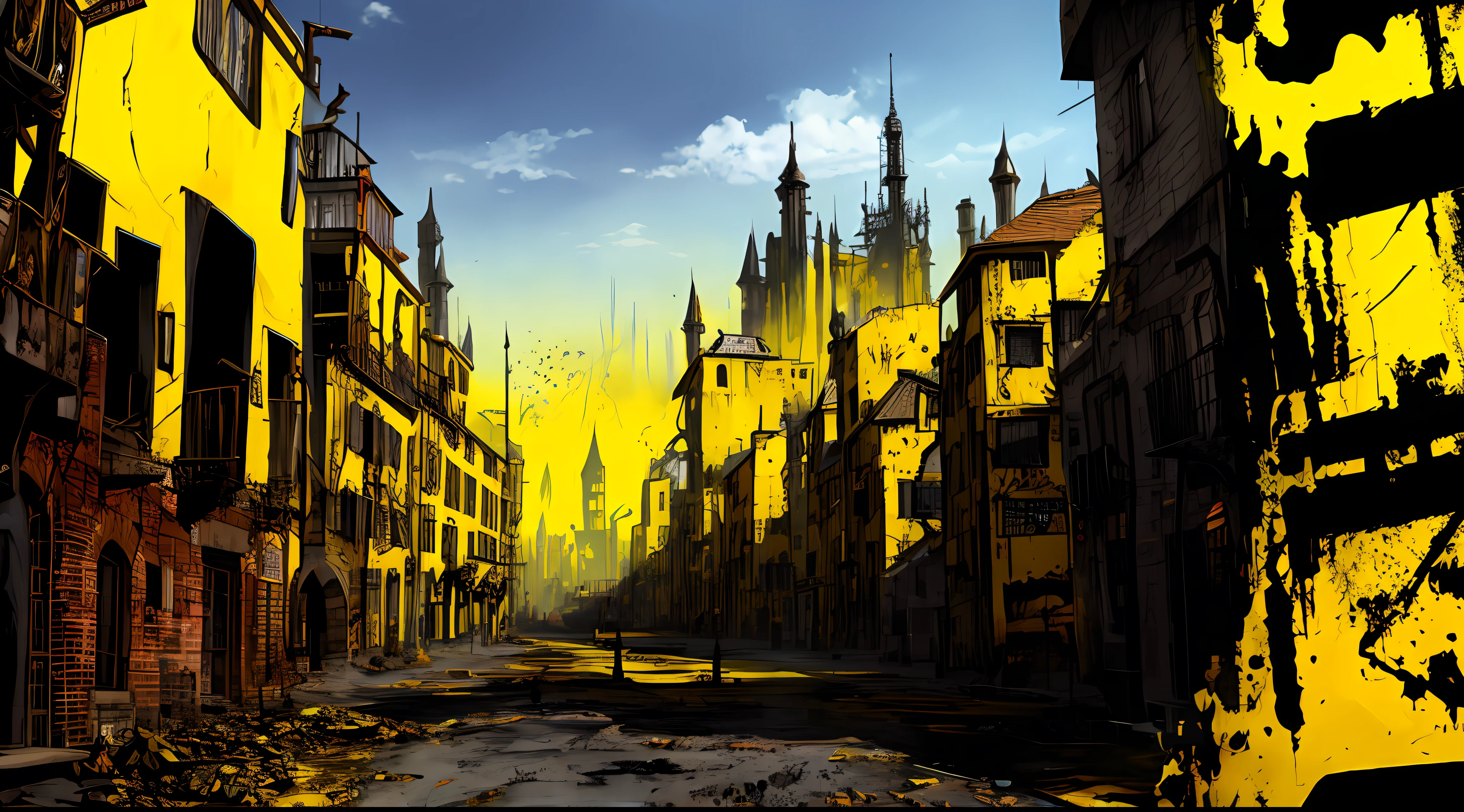 yellow and black, a medieval city, in the style of Mork Borg, strong contrast, grunge dirty punk splash art, black metal zine, punk color splash background