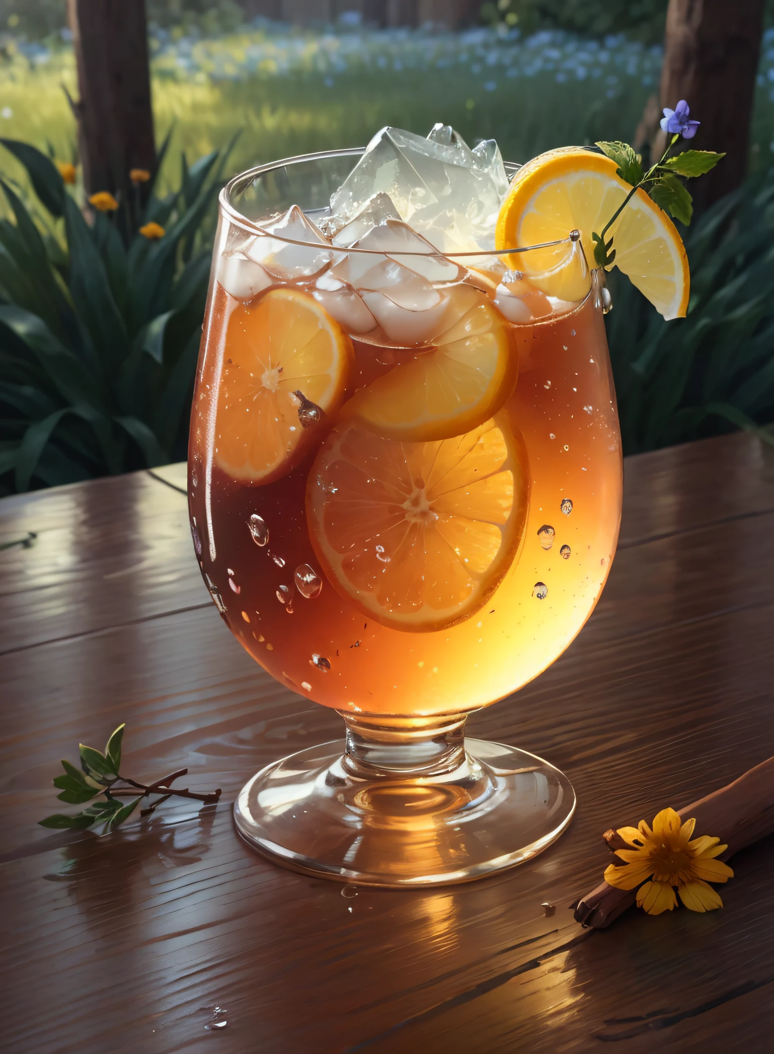 glass of kvass with ice, dripping water drops on glass, translucent liquid, ice cubes, wreath of wild flowers on picnic tablecloths, bright sun, midday outdoor lighting, open air, natural background, summer day, hot weather, high detail, very humid humidity, high brightness, wet watermarks, overdetail, super detail superdetailing, surrealism, soft light, studio lighting, diffuse soft light, shallow depth of field, sharp focus, bokeh effect, highly detailed glass reflection, ultra-thin (superfine, ultra-thin) (thin, fine, ultra-detailed), cinematic, surrealism, armature, best quality, ultra-high resolution (photorealistic: 1.4), high resolution, detail, raw photography, clear reproduction, stock camera, realistic texture, dramatic lighting, unreal engine, popular on artstation, macro