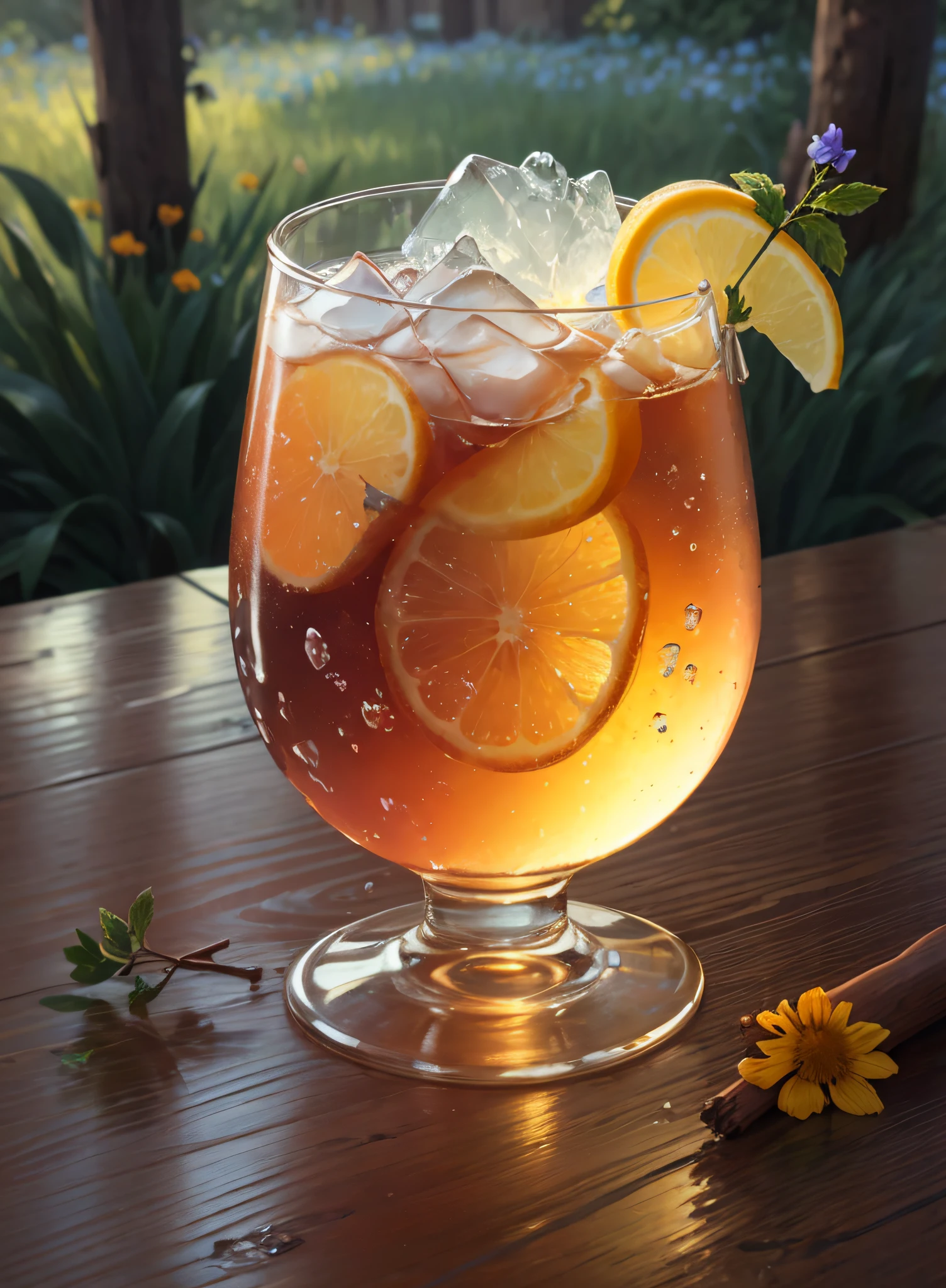 glass of kvass with ice, dripping water drops on glass, translucent liquid, ice cubes, wreath of wild flowers on picnic tablecloths, bright sun, midday outdoor lighting, open air, natural background, summer day, hot weather, high detail, very humid humidity, high brightness, wet watermarks, overdetail, super detail superdetailing, surrealism, soft light, studio lighting, diffuse soft light, shallow depth of field, sharp focus, bokeh effect, highly detailed glass reflection, ultra-thin (superfine, ultra-thin) (thin, fine, ultra-detailed), cinematic, surrealism, armature, best quality, ultra-high resolution (photorealistic: 1.4), high resolution, detail, raw photography, clear reproduction, stock camera, realistic texture, dramatic lighting, unreal engine, popular on artstation, macro
