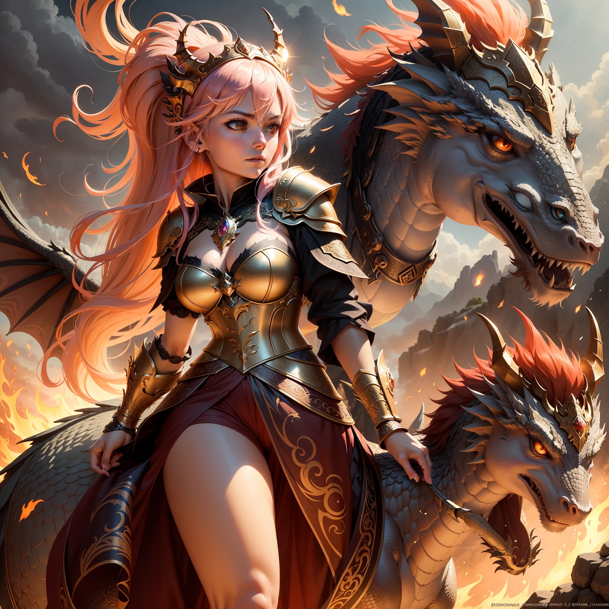 In a breathtaking composition, depict a Dragon Warrior Princess, adorned in ornate armor with dragon motifs, standing proudly before a backdrop of swirling clouds. With a gaze filled with determination and strength, she exudes regality. Beside her, a majestic dragon emerges, its scales shimmering in the sunlight as it gazes protectively. Sunbeams pierce through the sky, casting a warm glow on the scene. Fiery breath emanates from the dragon, adding an element of power and awe. This harmonious bond between warrior and dragon tells a tale of bravery, honor, and mythical adventure, inviting viewers into a world of wonder.