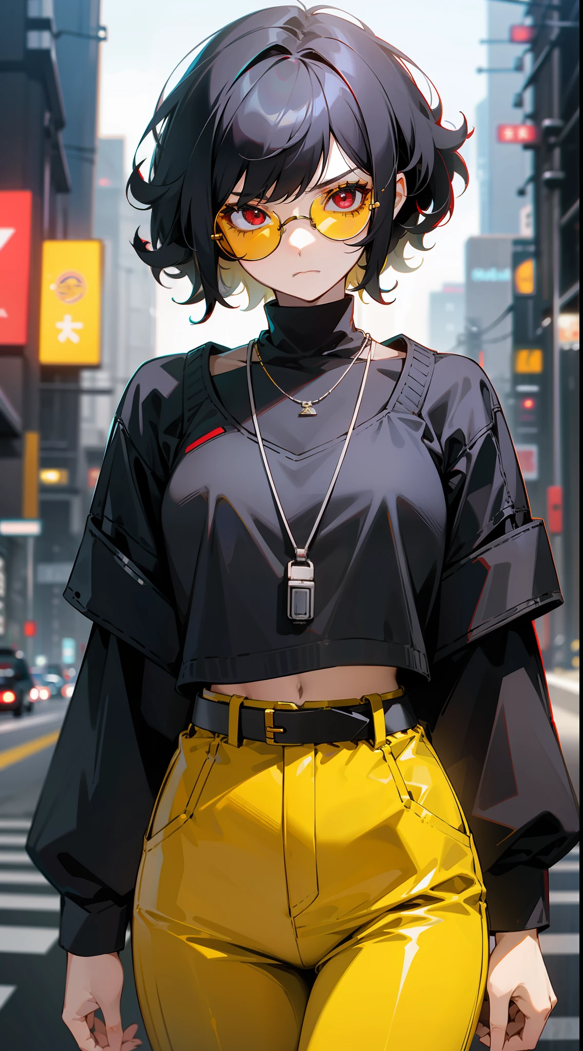 1girl, solo, black hair, short hair, curls, red eyes, indifferent emotion, black sweater, silver necklace, yellow sunglasses, yellow pants with black belt, night, cyberpunk city