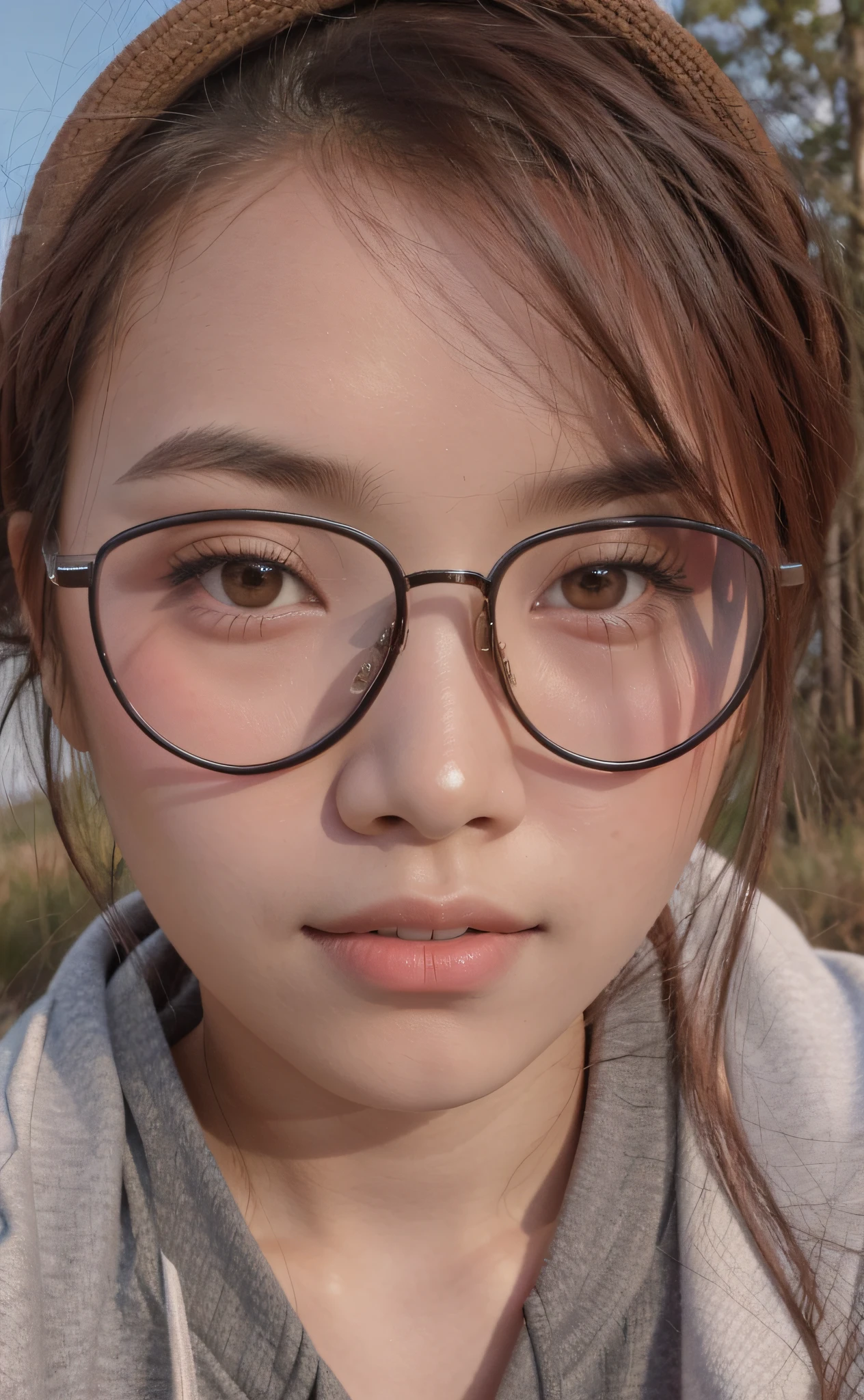 Simulation style, Chroma V5, midjourney art, 8k, real, realistic people, rich details, Asian 25-year-old three-dimensional mixed-race girl with black sunglasses who can't see her eyes, fair skin, dark brown-red hair, looking into the camera, black hoodie, painter's hat on her head, smiling, makeup on her face, afternoon sun hitting her face, background by a stream --auto --s2