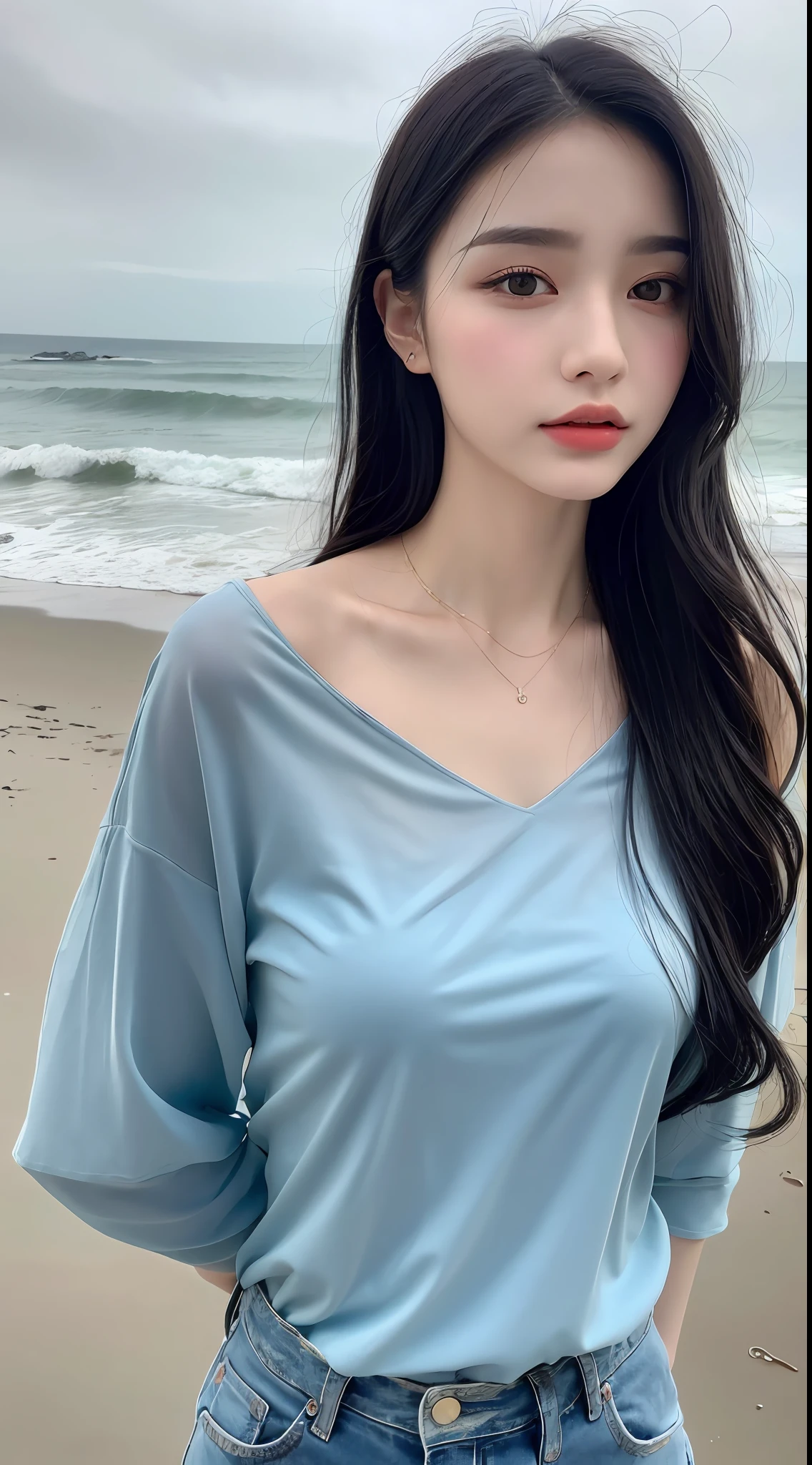 ((Best Quality, 8k, Masterpiece: 1.3)), 1 girl, full body, slim face, pretty woman, (black hair), super detailed face, detailed eyes, double eyelids, blurred background, slim face, seaside, outside, beach, drizzle