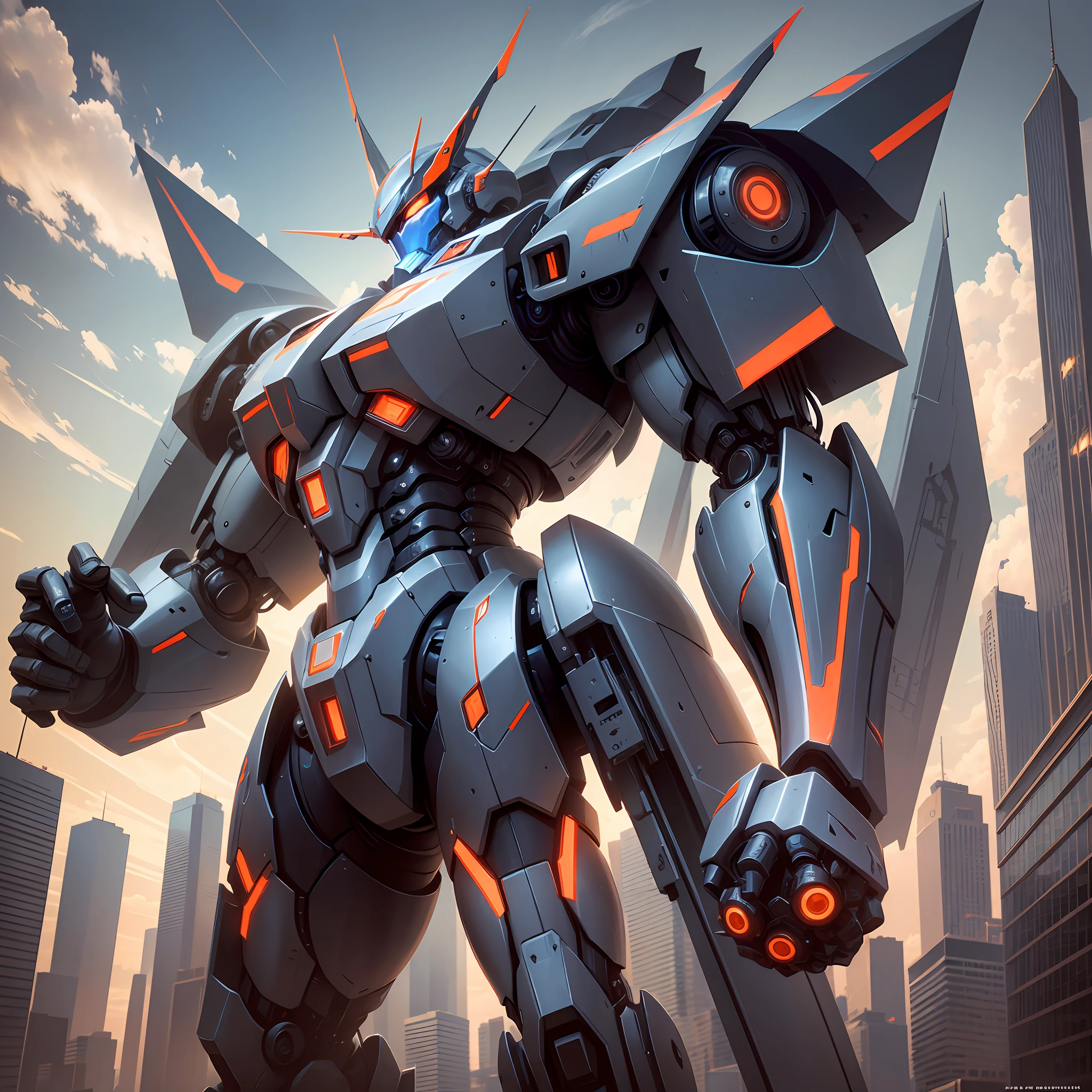 There is a robot standing in a city with a sword, cool mecha style, modern mecha anime, mecha art, anime large mecha robot, anime mecha aesthetics, mecha anime, mecha inspiration, mecha aesthetics, Alexander Ferra mecha, digital cyberpunk anime art, anime concept HDR anime McManus, high quality digital concept art, face details super clear --auto --s2