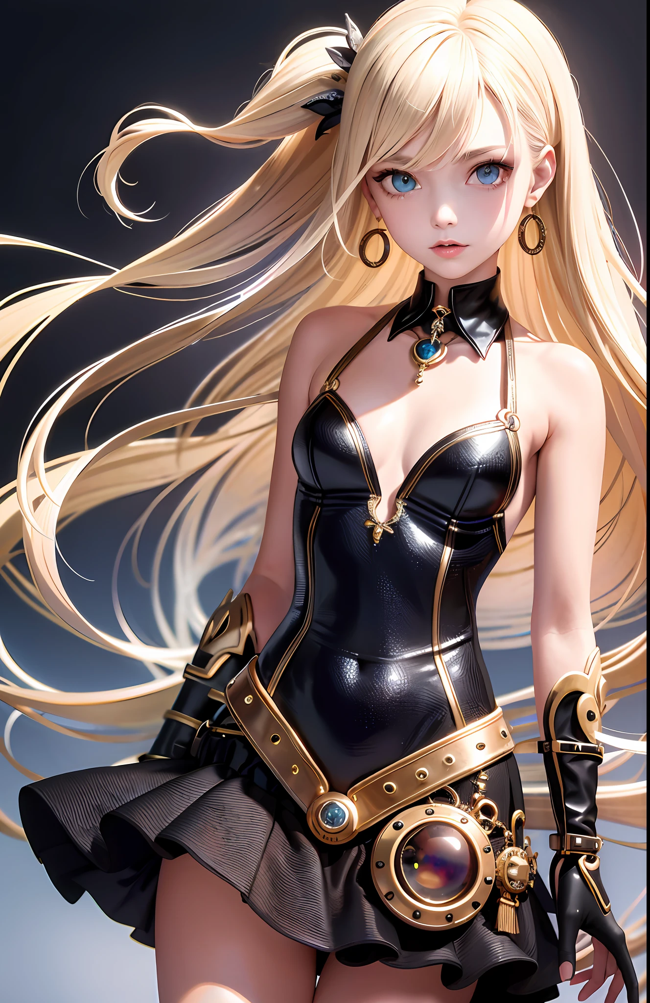Best, Masterpiece, High Resolution, Best Quality, Ultra HD, Super Detail, Award-Awarded, 16k, Solo, (Upper Body), Anatomically Correct, Beautiful Maiden, Cute Face, Highlights, Gradient Beige Hair, Hair Strands, ((Heterochromia)), Long Eyelashes, Hanging Eye Corners, Fair Skin, (Small), (Slim Body), (Steampunk_Made_costume), Stud Earrings, (Neck Rings), Very, Very Short Gloves