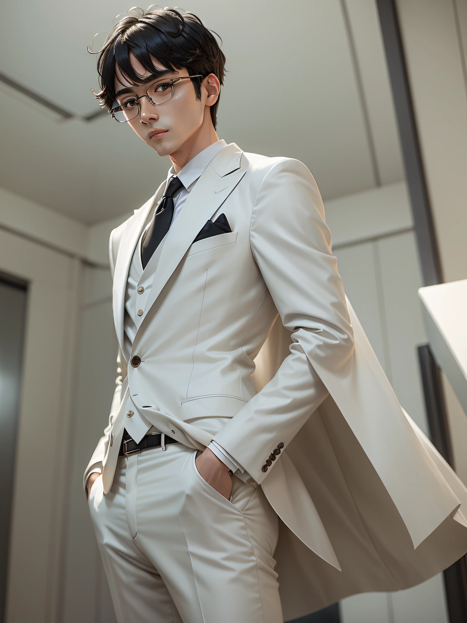 High nose, rich man, full-frame glasses, science man, less hair, thin bangs, small eyes, black hair, daily wind, white suit --auto --s2