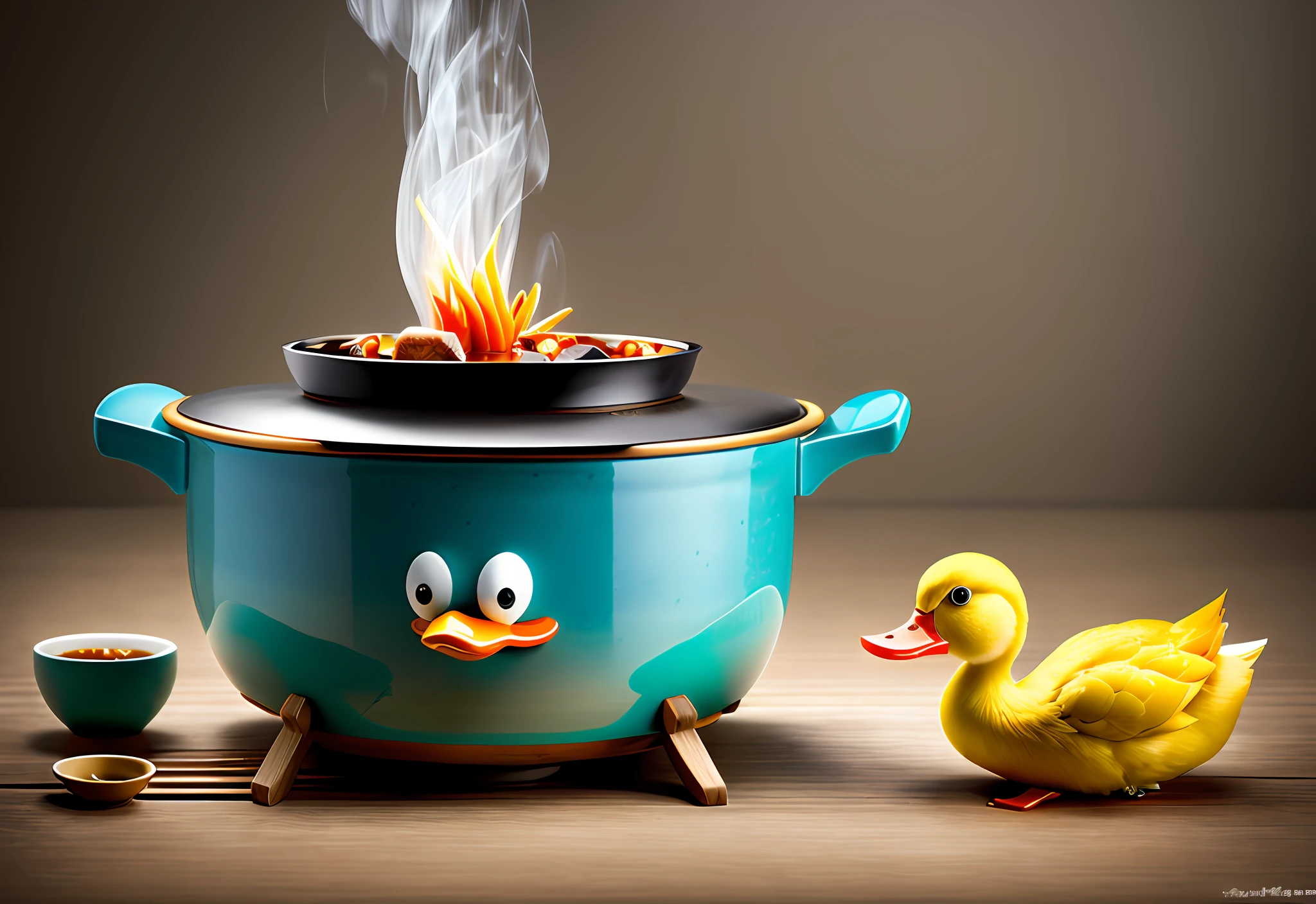 (Hot pot, unique flavor, delicious and tempting) A cute duck eating hot pot, while enjoying the taste of food, slightly stunned, his expression is very funny, and the background is steaming, the aroma of hot pot fills the air, making people salivate.