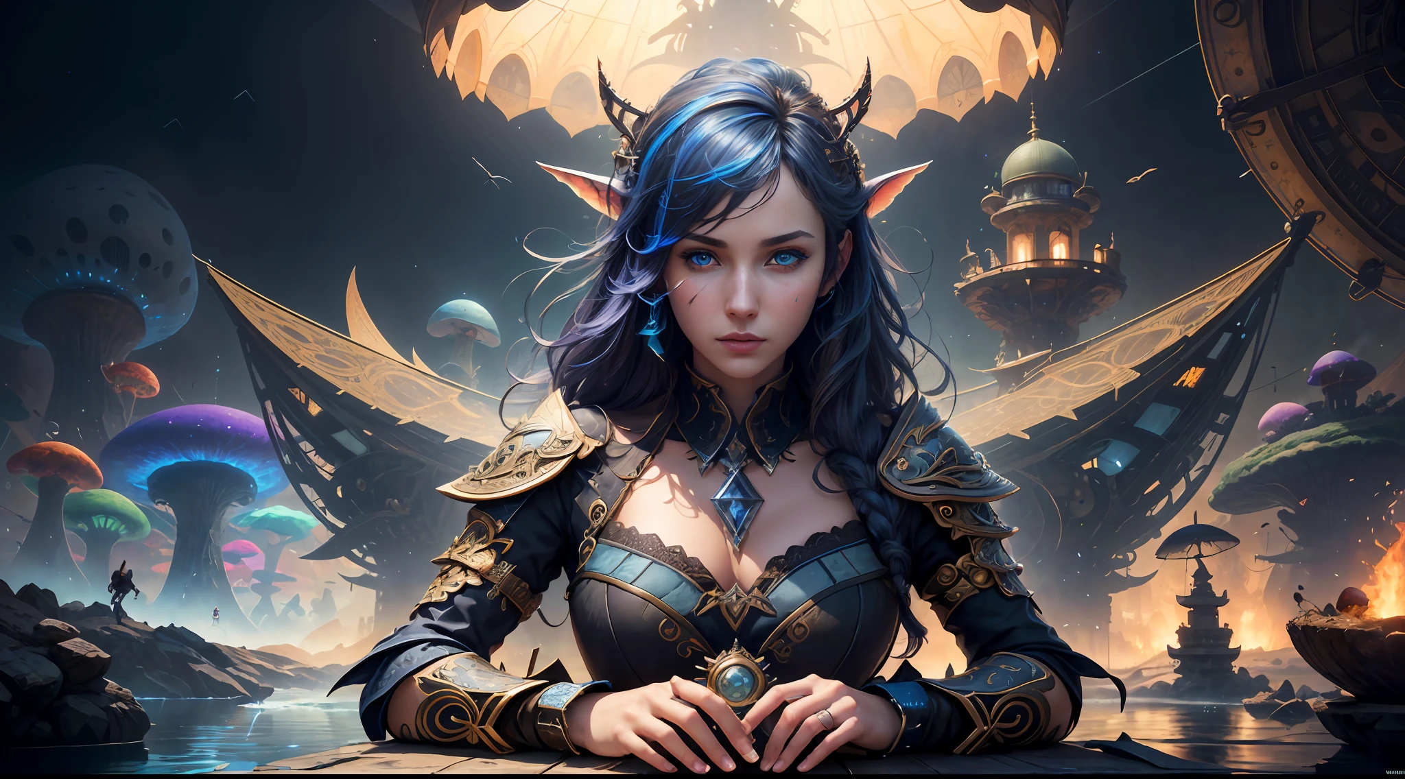 (((Multiplayer, Vivid Eyes, Man and Woman))), Best Quality, Realistic, Realistic, Award-Winning Illustrations, (Intricate Details: 1.2), (Fine Details), (Intricate Details), (Cinematic Light, Best Quality Backlight), Clear Lines, Sharp Focus, Official Art, Unity 8k Wallpaper, Ridiculous, Incredibly Absurd, Fantasy Art, (((Full Body Portrait))), RTX, ((Award-winning Triangle Studio Close-up Photo)), 1 Boy, (shut up), best quality, 4K, beautiful mysterious creatures, female, flying, surrealism, masterpiece by ncwinters, in a mysterious country town, masterpiece, intricate details, ff14style, urban painting, bridge, river, giant mushroom, landscape, bright colors,