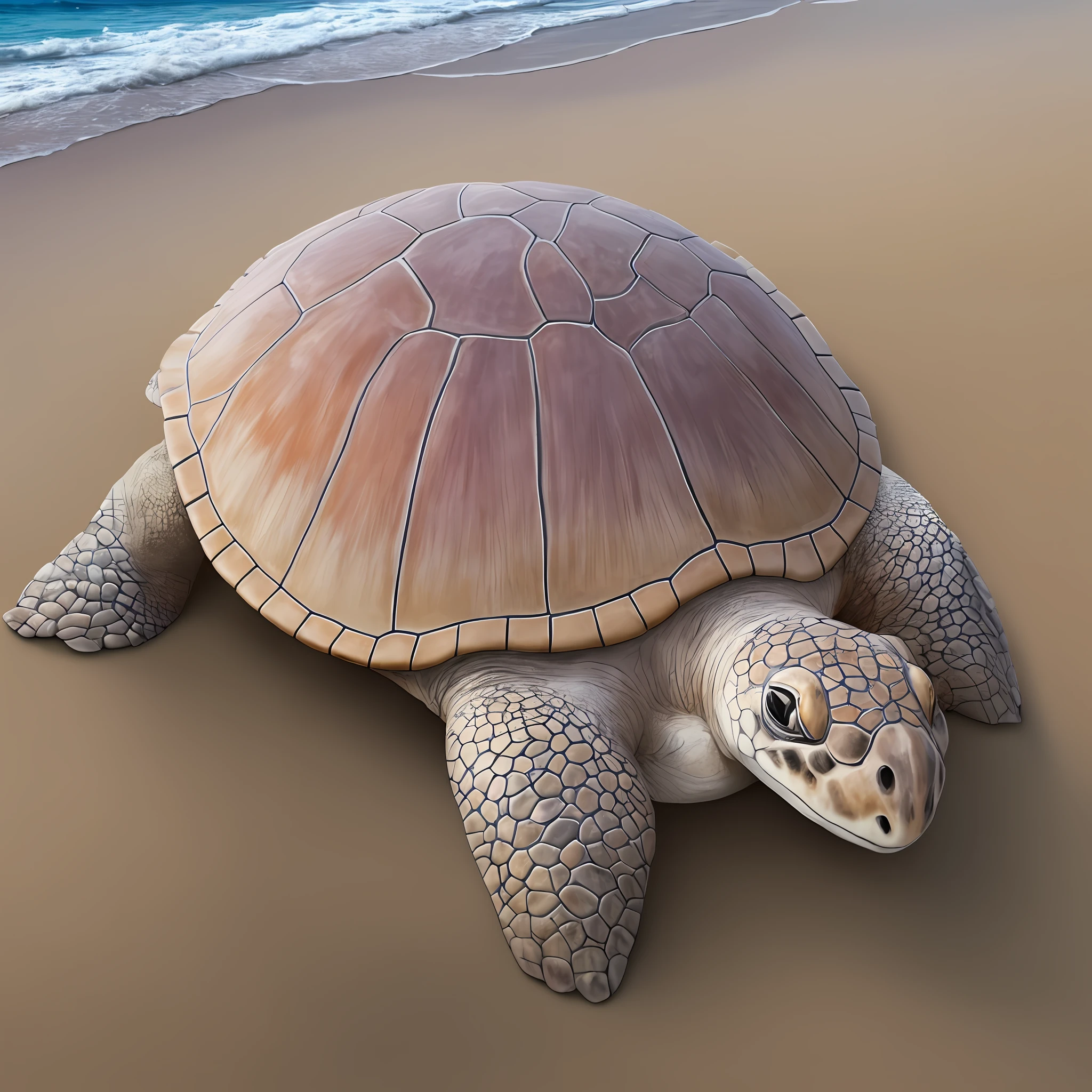 watercolor drawing, graphics, realistic, Extensive landscape ultra photography, realistic image of an animal (general view, which shows a sandy beach, water, foam, sand, shells, footprints, on a huge turtle, masterpiece NCWINTERS, anthropomorphic, 4 paws, 1 tail, body, shell, neck, head, muzzle, detailed image, body parts of a turtle, ), blurred background, dawn, warm, marine shade, a little pink tint,