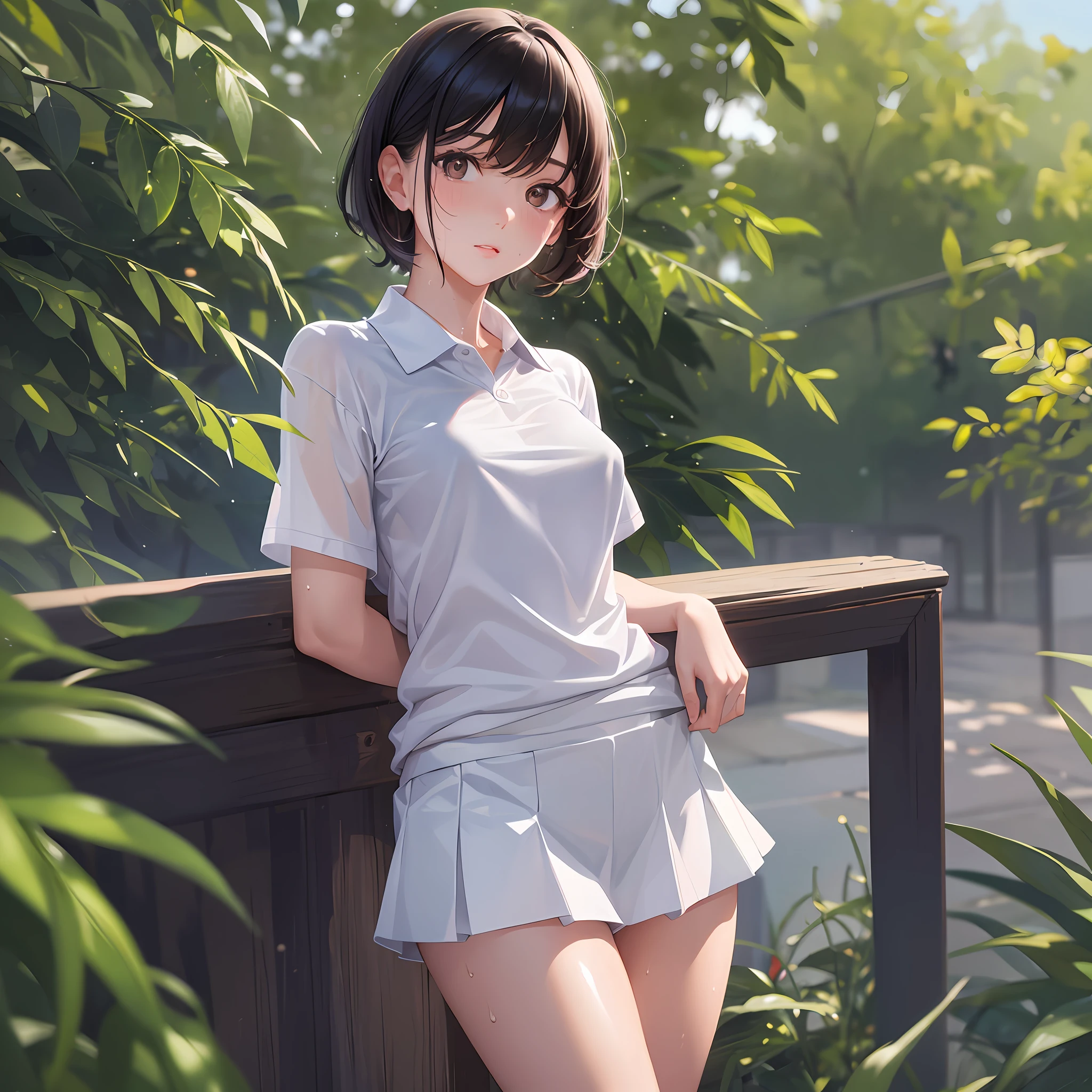 1girl, solo, white polo shirt, white sneakers, tennis wear, white miniskirt, masterpiece, best quality, realistic, hyper-detailed, (shiny skin, sweaty:1.4), absurd, looking at viewer, short black hair, brown eyes, slender, dynamic lighting, high resolution, sharp focus, depth of field, detailed eyes, sharp pupils, realistic pupils, (small breasts:1.6), (thick thighs:1.0), outdoor, sky --auto --s2
