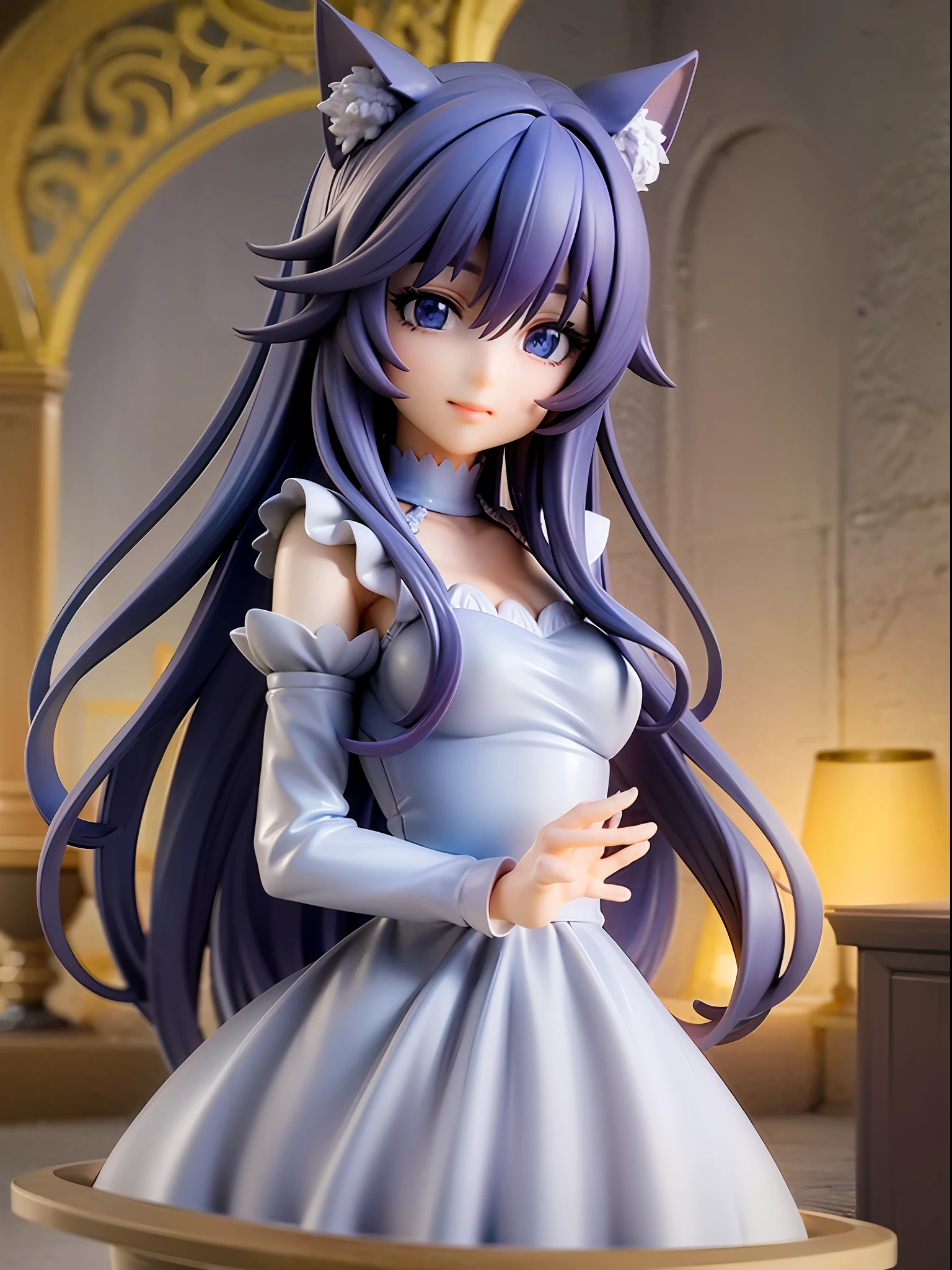 1girl, cat ears, cat tail, long blue hair, beautiful bright blue eyes, smiling, wearing a white dress, standing under a night sky with a full moon, surrounded by blue roses, [realistic], [3d], (8k, RAW photo, best quality, masterpiece:1.2), ultra high res, photo realistic, professional lighting, detailed lighting, professional photography, high quality, high res, extremely detailed, bloom, depth of field, sketch, sharp focus, soft lighting, detailed, detailed skin, to8contrast style.