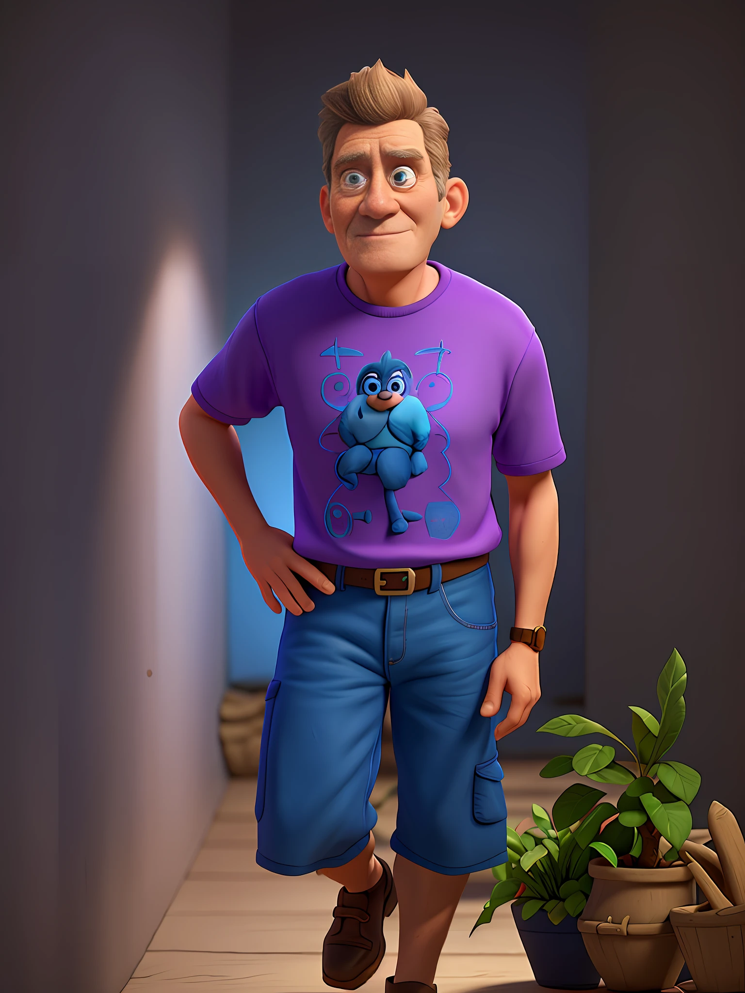 Man in purple shirt standing in front of a wall, he is about 50 years old, hyper detailed, "Masterpiece, great quality, ultra realistic in high definition 8k, dynamic scenery, wonderful balance of light and shadow." senior 3D rendering artist, realistic afternoon lighting, realistically costumes, realistic 3D character, old CGI 3D rendered Bryce 3D, highly detailed character, small character. Unreal Engine 5, hyper-detailed full-body shot, semi-realistic rendering, casual pose, super blue eye face detailing