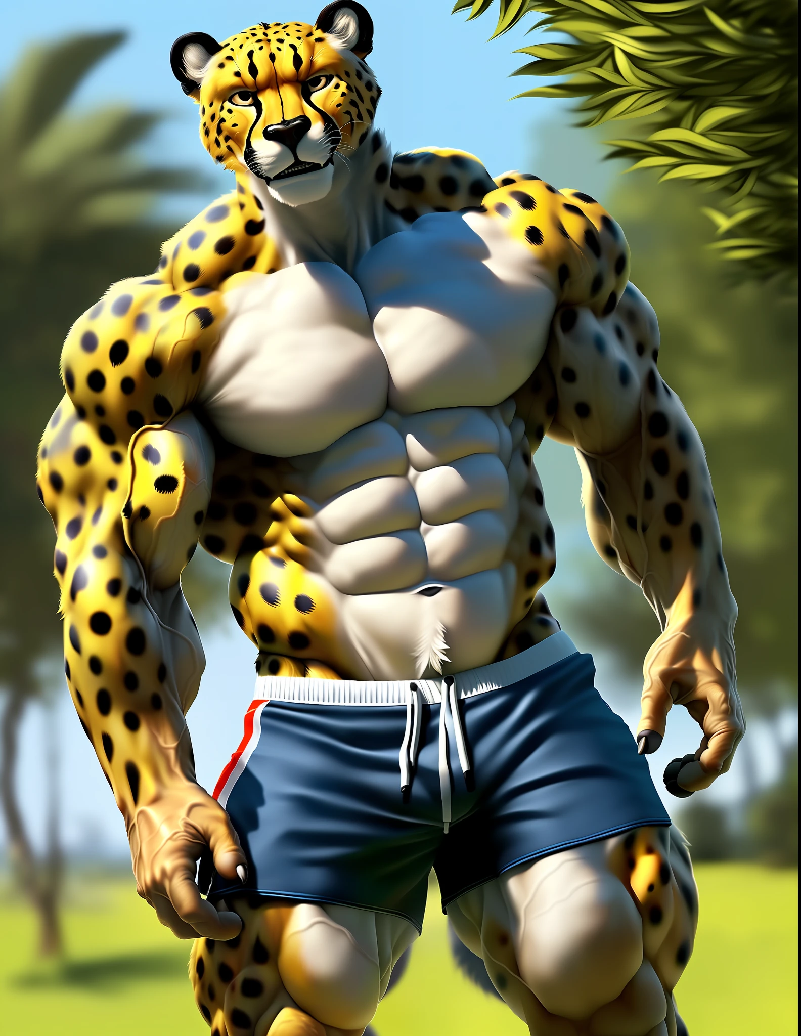 ((extremely detailed)), anthro furry (cheetah), ((((solo, 1boy, )))), ((bodybuilder, veiny muscles,)), ((shorts, )), ((fluffy fur)), (((outside background, photorealistic))),