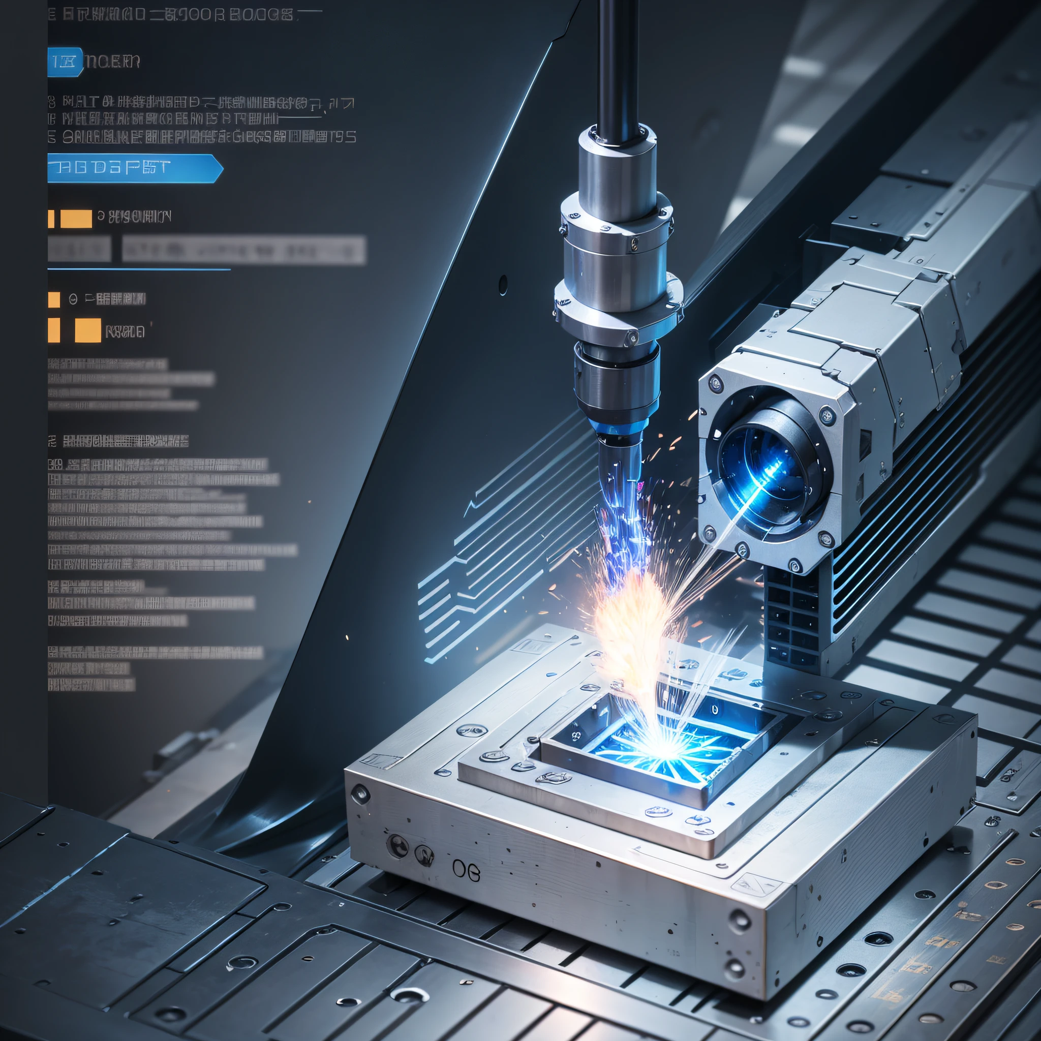 Selective laser melting principle schematic，Blue-black color scheme，Industrial style，Laser device，Melting process，Material processing，Thermal energy transfer，Melting region，Melting pool，Molten metal，Beam focusing，Processing precision，Material melting，Laser processing technology，Material melting point，High-temperature melting，Industrial manufacturing，Precision machining --auto --s2