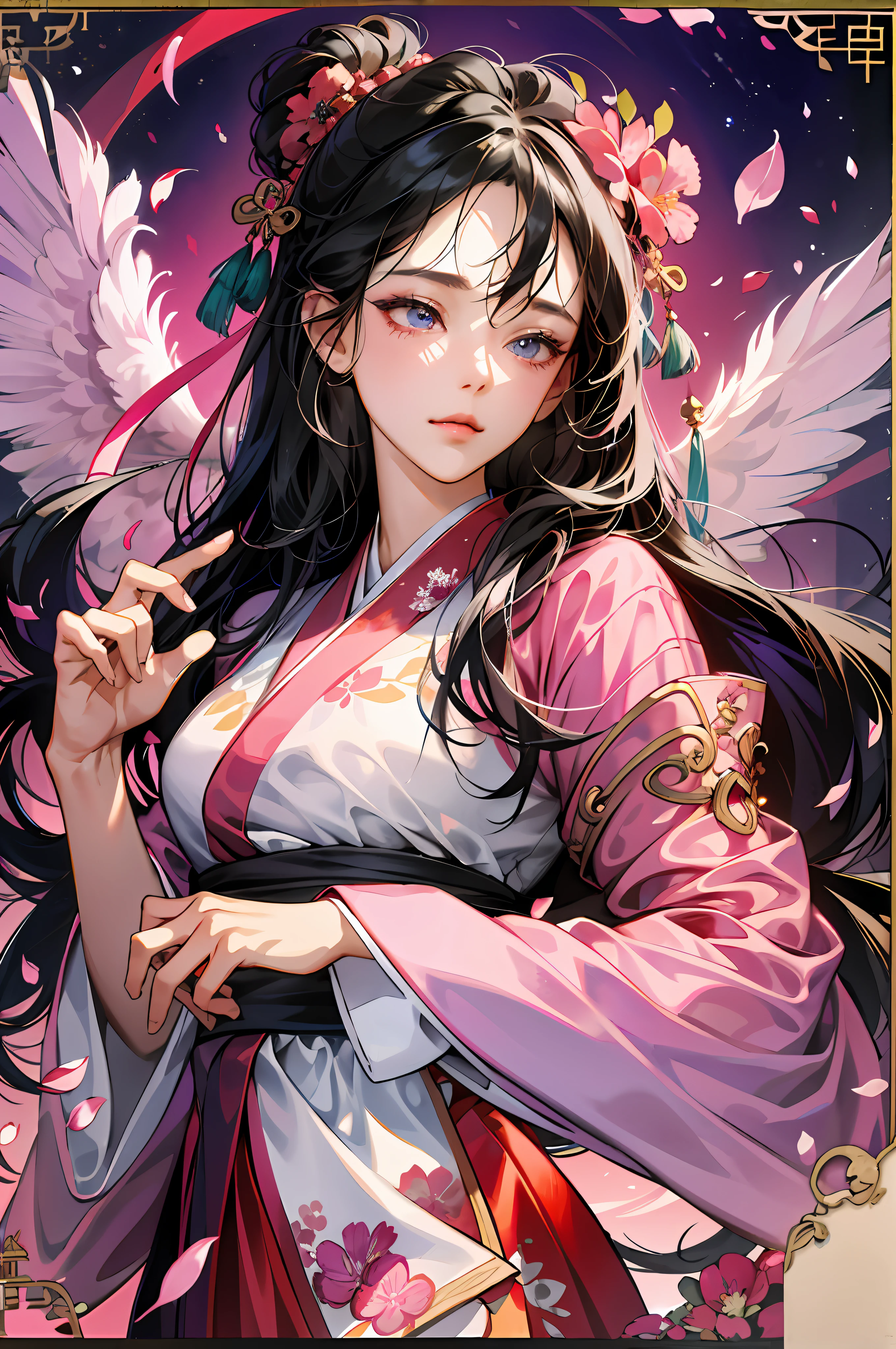 Ridiculous, high resolution, super detailed, 1girl, solo, very detailed eyes, delicate eyes, black coiled hair, pink silk hanfu, masterpiece, crane, petals flying, dark night, official art illustration