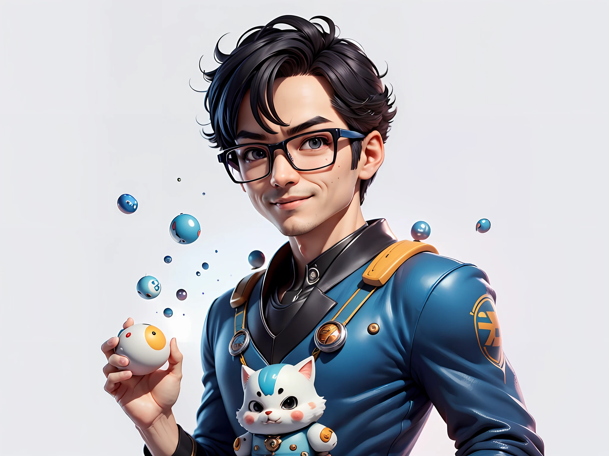 Masterpiece), (Excellent), (Super Meticulous), (Full Body: 1.2), Super Young Woman, Beautiful, Sexy, Bursting, Oriental Face, TV Anchor, Bust Portrait Illustration, Alone, Black Suit, Blue Tie, Silver Glasses, Slightly Chubby Face, Very Clean Face, No Beard, Black Super Short Hair, Black Eyes, Confident Smile, 3c Computer Sub-Products, iPad, iPhone, Digital Painting, 3D Character Design by Akira Toriyama with Mark Claireden and Pixar and Hayao Miyazaki, The illustration is a high-definition illustration in 4K resolution with very detailed facial features and cartoon-style visuals.