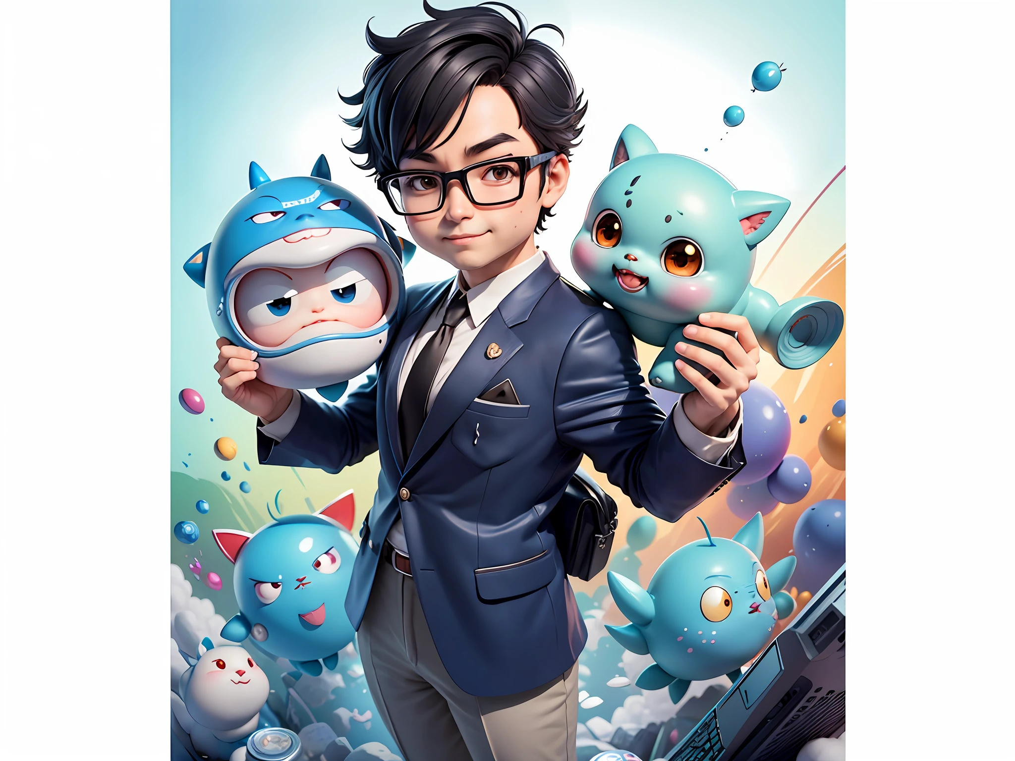 Masterpiece), (Excellent), (Super Meticulous), (Full Body: 1.2), Super Young Woman, Beautiful, Sexy, Bursting, Oriental Face, TV Anchor, Bust Portrait Illustration, Alone, Black Suit, Blue Tie, Silver Glasses, Slightly Chubby Face, Very Clean Face, No Beard, Black Super Short Hair, Black Eyes, Confident Smile, 3c Computer Sub-Products, iPad, iPhone, Digital Painting, 3D Character Design by Akira Toriyama with Mark Claireden and Pixar and Hayao Miyazaki, The illustration is a high-definition illustration in 4K resolution with very detailed facial features and cartoon-style visuals.