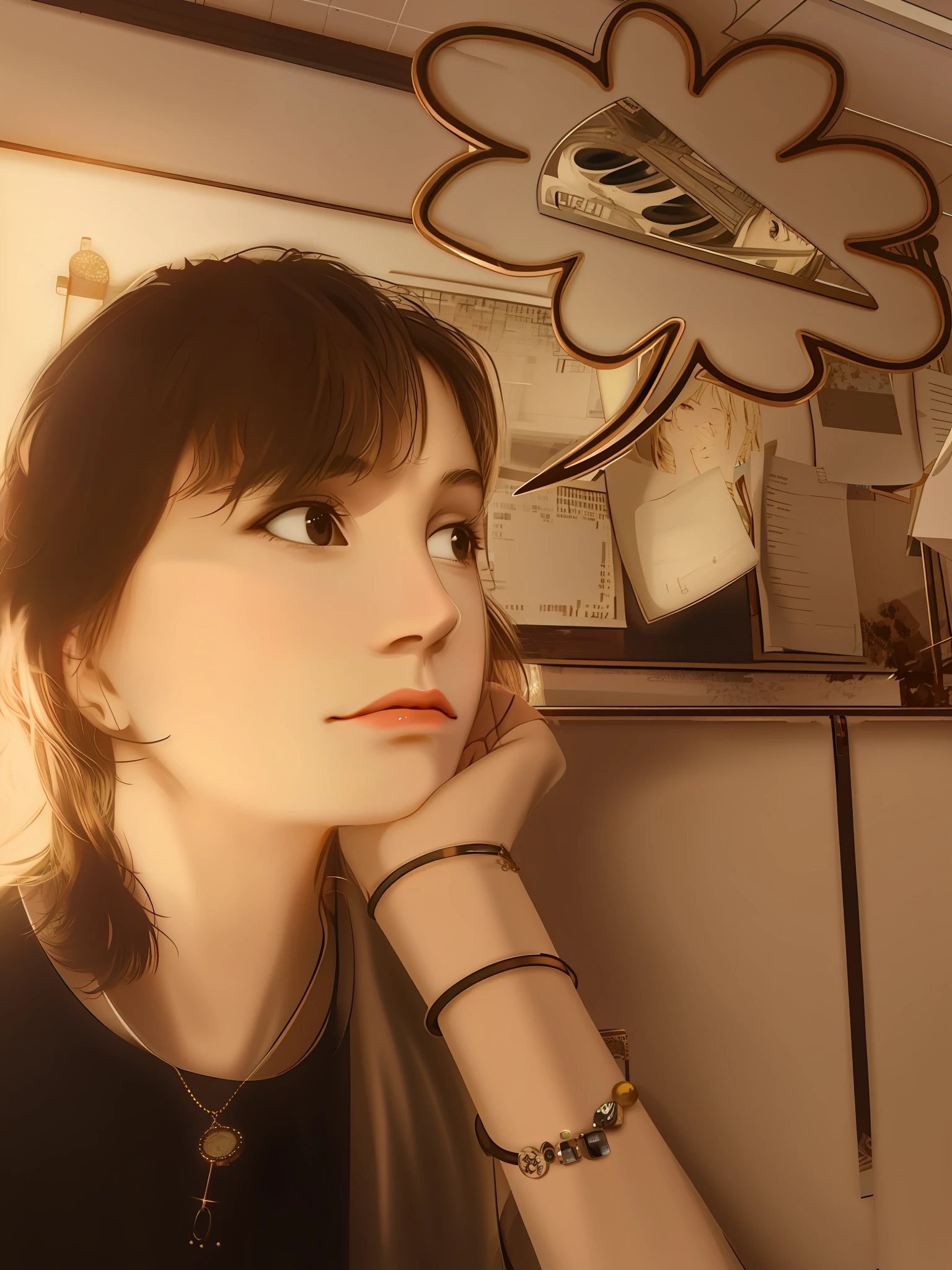 there is a woman sitting at a table with a cup of coffee, as she looks up at the ceiling, bored expression, thoughtful expression, thinking pose, she has a distant expression, distant thoughtful look, camera looking up at her, digital art but photo, looking confused, face looking skyward, [ realistic photo ]!!, [ digital art ]!!, pensive expression