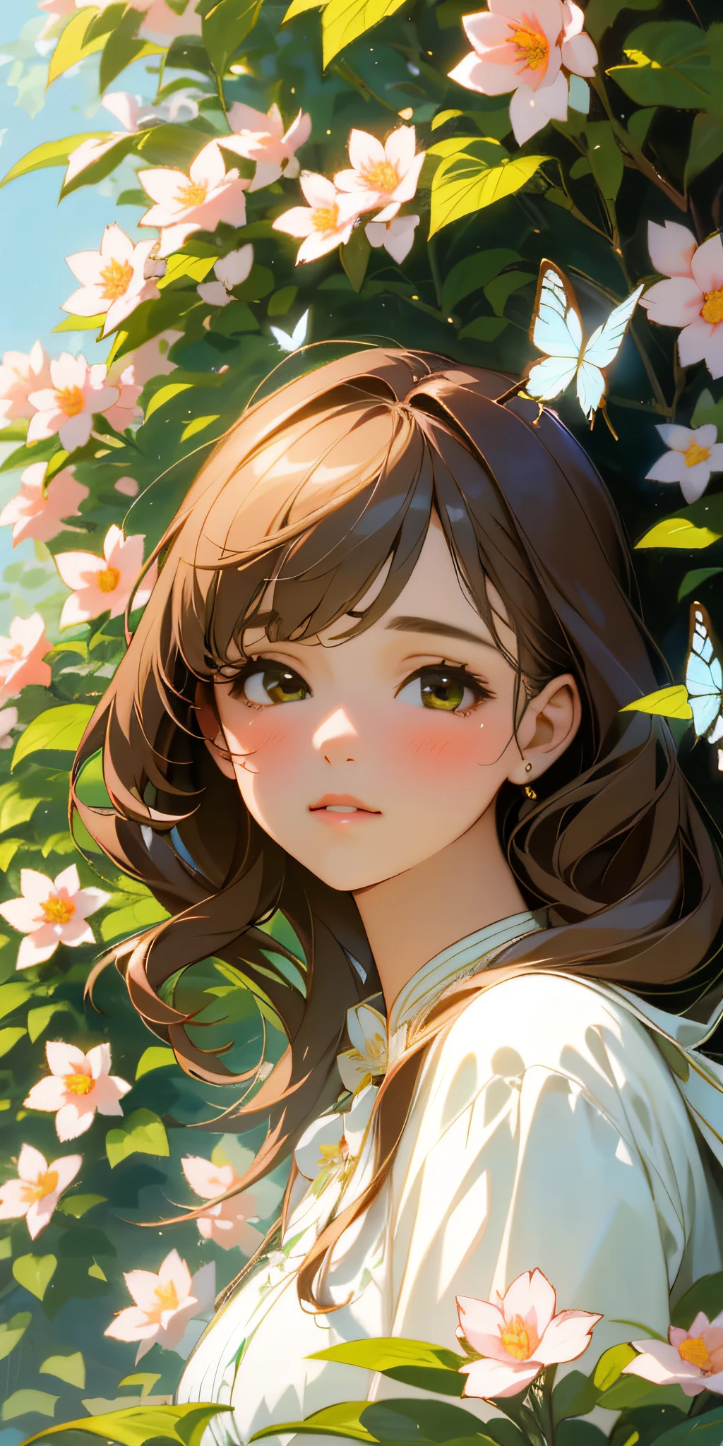 (best quality, masterpiece, ultra-realistic), portrait of 1 beautiful and delicate girl, with a soft and peaceful expression, the background scenery is a garden with flowering bushes and butterflies flying around.