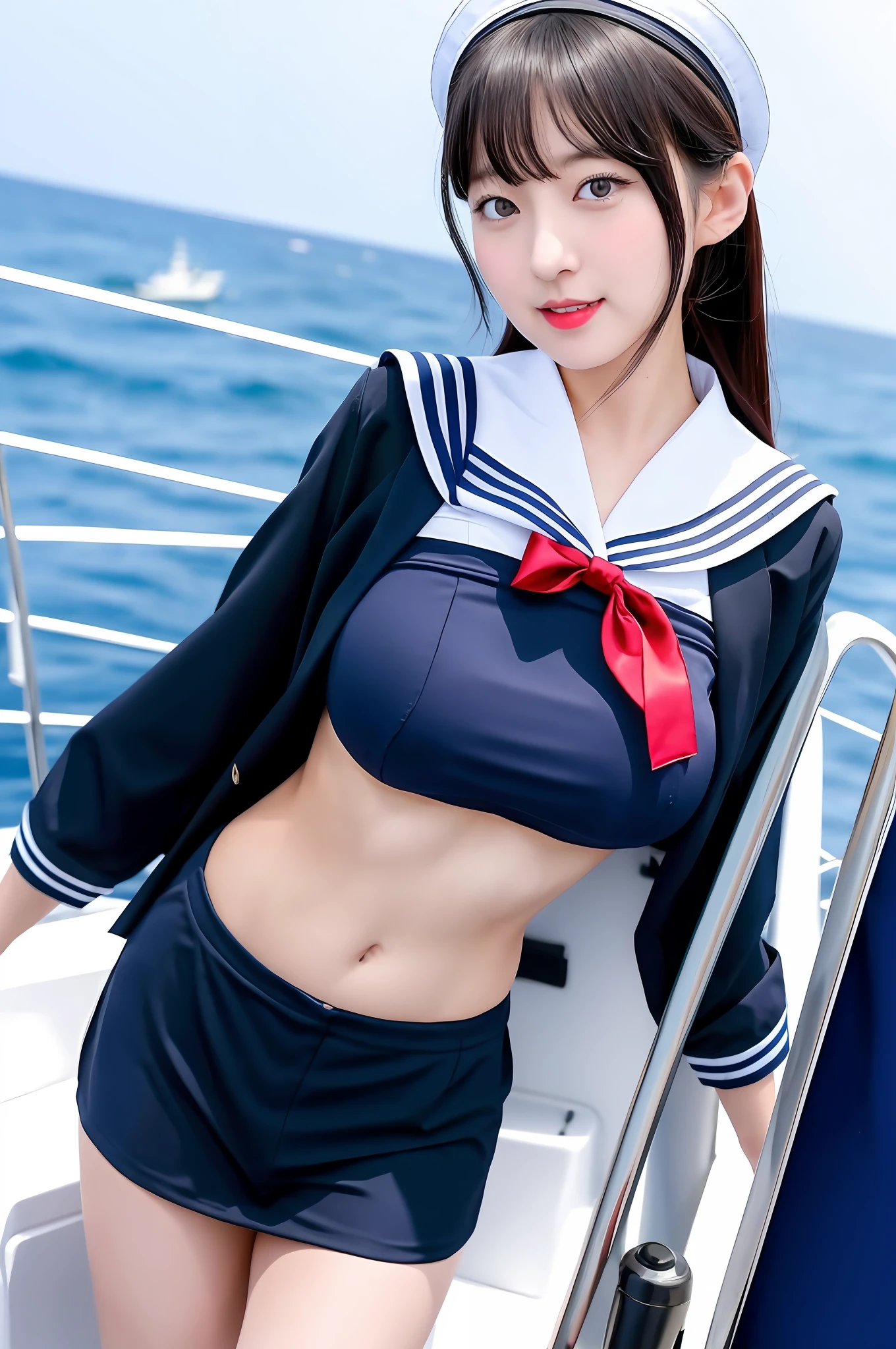 Arad asian woman posing sailor uniform on boat, funny costume, charming and seductive, smooth black bikini suit, sexy costume, very sexy costume, revealing costume, sailor bikini, Japanese goddess, elegant and charming cosplay, on board, girl mixed with warship parts, Russian and Japanese, wearing beautiful black, big breasts