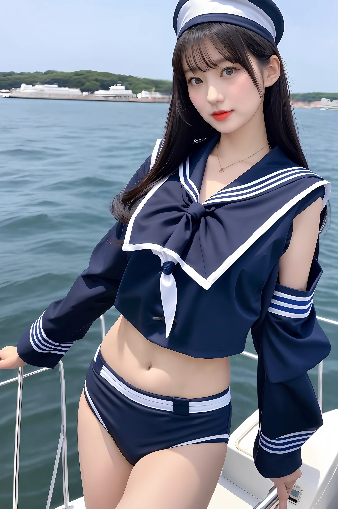 Arad asian woman posing sailor uniform on boat, funny costume, charming and seductive, smooth black bikini suit, sexy costume, very sexy costume, revealing costume, sailor bikini, Japanese goddess, elegant and charming cosplay, on board, girl mixed with warship parts, Russian and Japanese, wearing beautiful black, big breasts