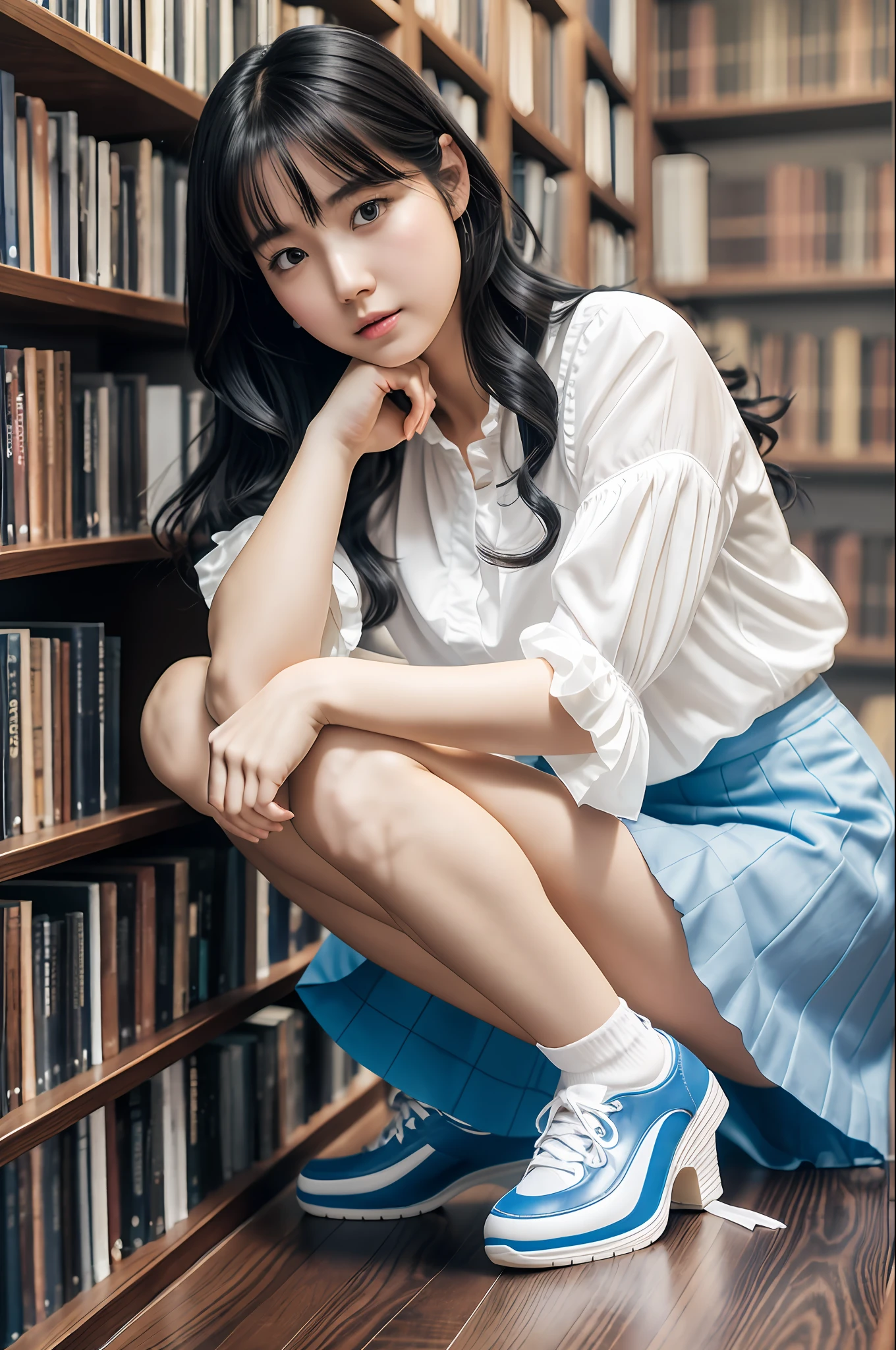 Photorealistic, live action, pale light, 22 year old beautiful gravure idol, white blouse, blue skirt, loose wavy black hair, white ankle socks, high heels, library background --auto --s2