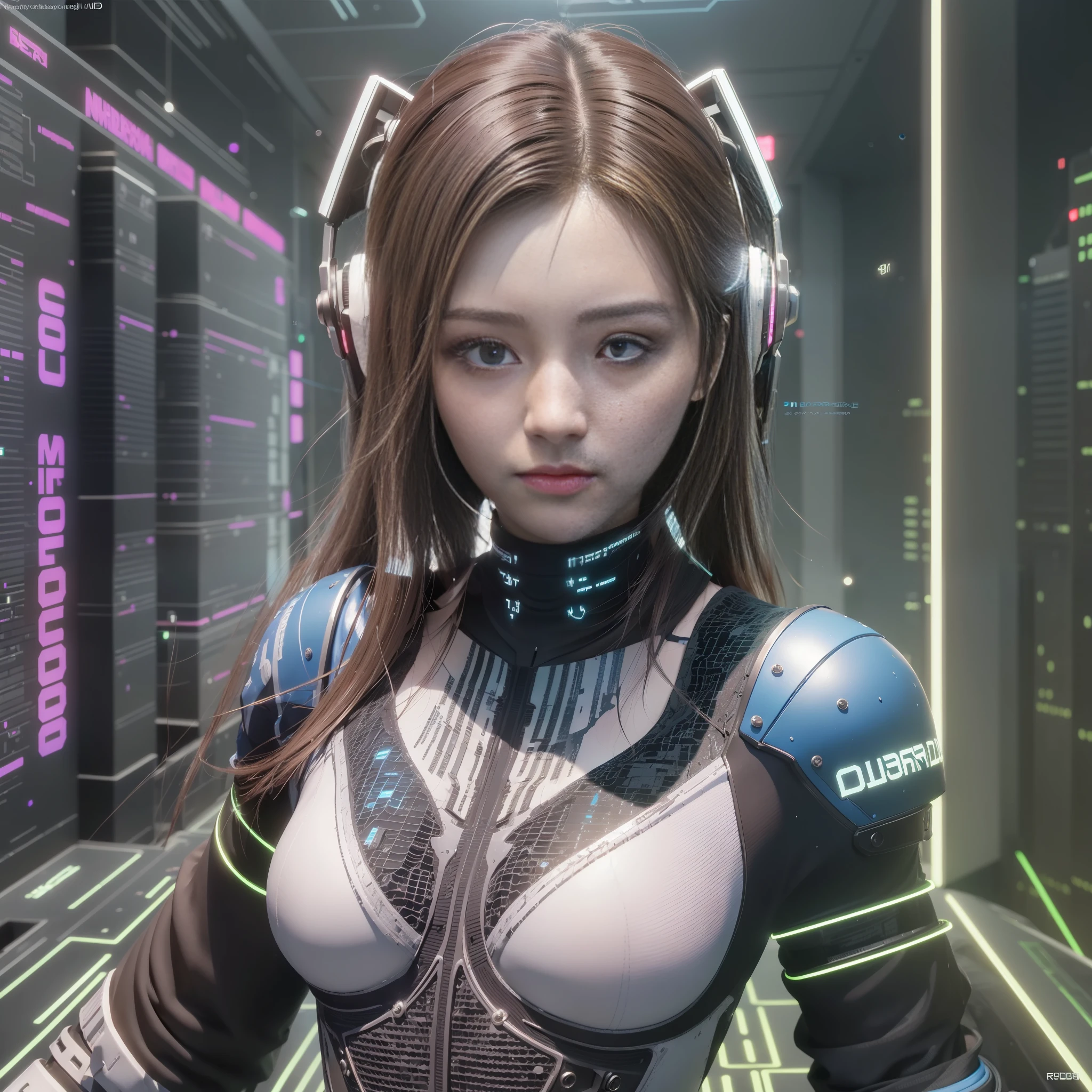 ((Best Quality)), ((Masterpiece)), (High Definition:1.3), 3D, Beautiful (Cyberpunk:1.3) Female hacker with thick voluminous hair Computer terminals, computer servers, LCD screens, fiber optic cables, corporate logos, HDR (high dynamic range), ray tracing, NVIDIA RTX, super resolution, Unreal 5, Subsurface Scattering, PBR Texturing, Post-Processing, Anisotropic Filtering, Depth of Field, Maximum Clarity and Sharpness, Multilayer Textures, Albedo and Specular Maps, Surface Shading, Accurate Simulation of Light-Material Interactions, Perfect Proportions, Octane Rendering, Two-Tone Lighting, Low ISO, white balance, rule of thirds, wide aperture, 8K raw, efficient subpixel, subpixel convolution, luminous particles,