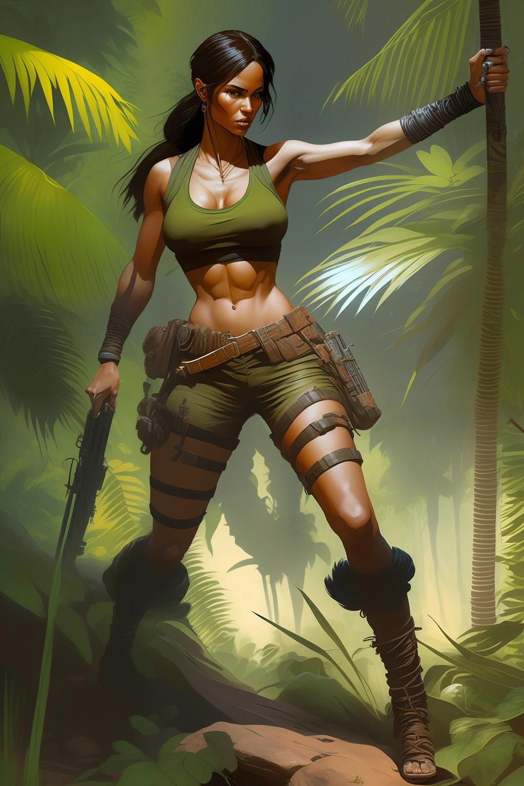 Lara Croft in the jungle, realistic, full body, estilo Frank Frazetta, detail intricate, 32 k, --auto --s2