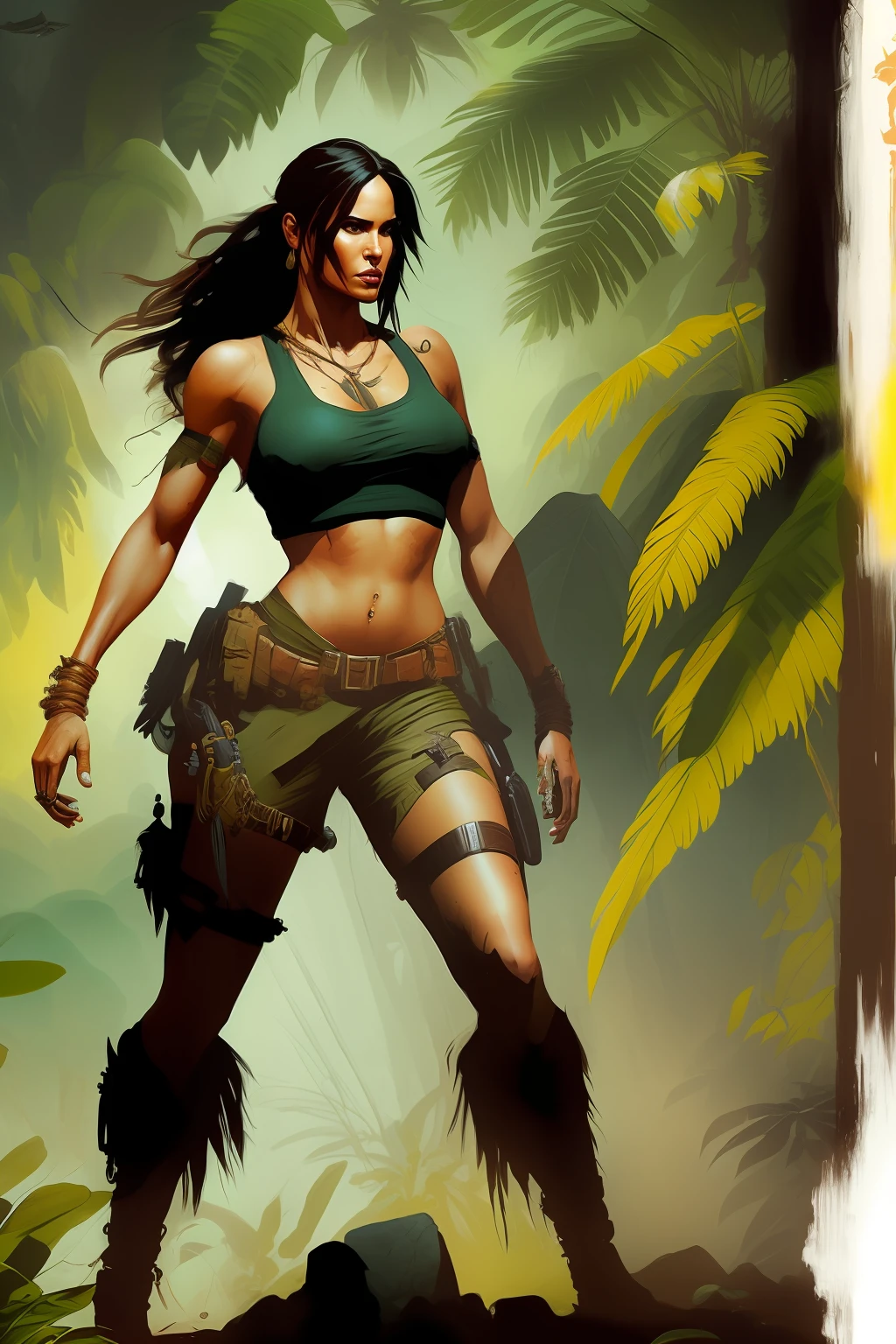 Lara Croft in the jungle, realistic, full body, estilo Frank Frazetta, detail intricate, 32 k, --auto --s2