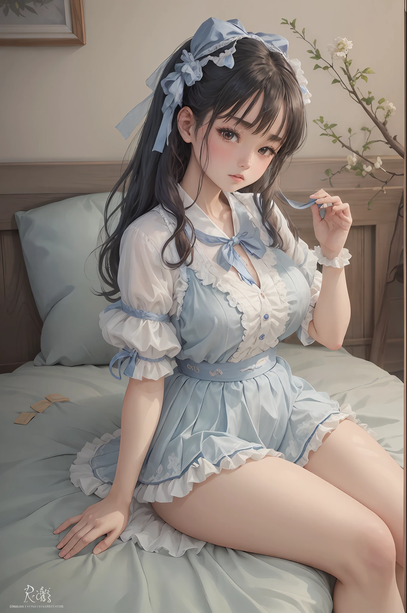 Woman sitting on bed in blue skirt, realistic young gravure idol, young cute gravure idol, ruffled costume, captured in Canon EOS R 6, young sensual gravure idol, young gravure idol, goddess of Japan, beautiful charming anime , ruffles, ribbon in hair, white tri-fold ankle socks Blouse with white ruffles Blue ribbon tie --auto --s2