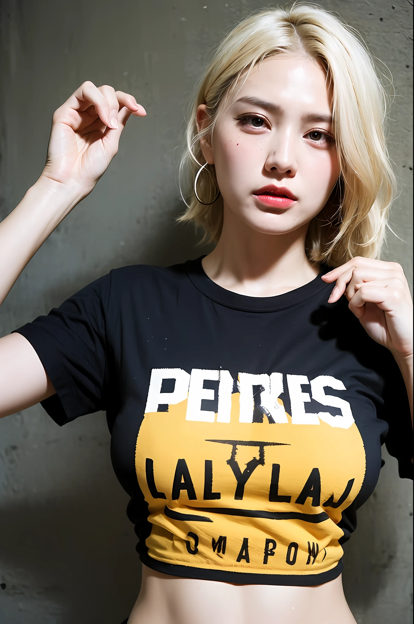 (1girl),large breasts,  breasts, tan, dewy skin, sweaty skin, wavy blonde hair, punk tshirt, punk girl