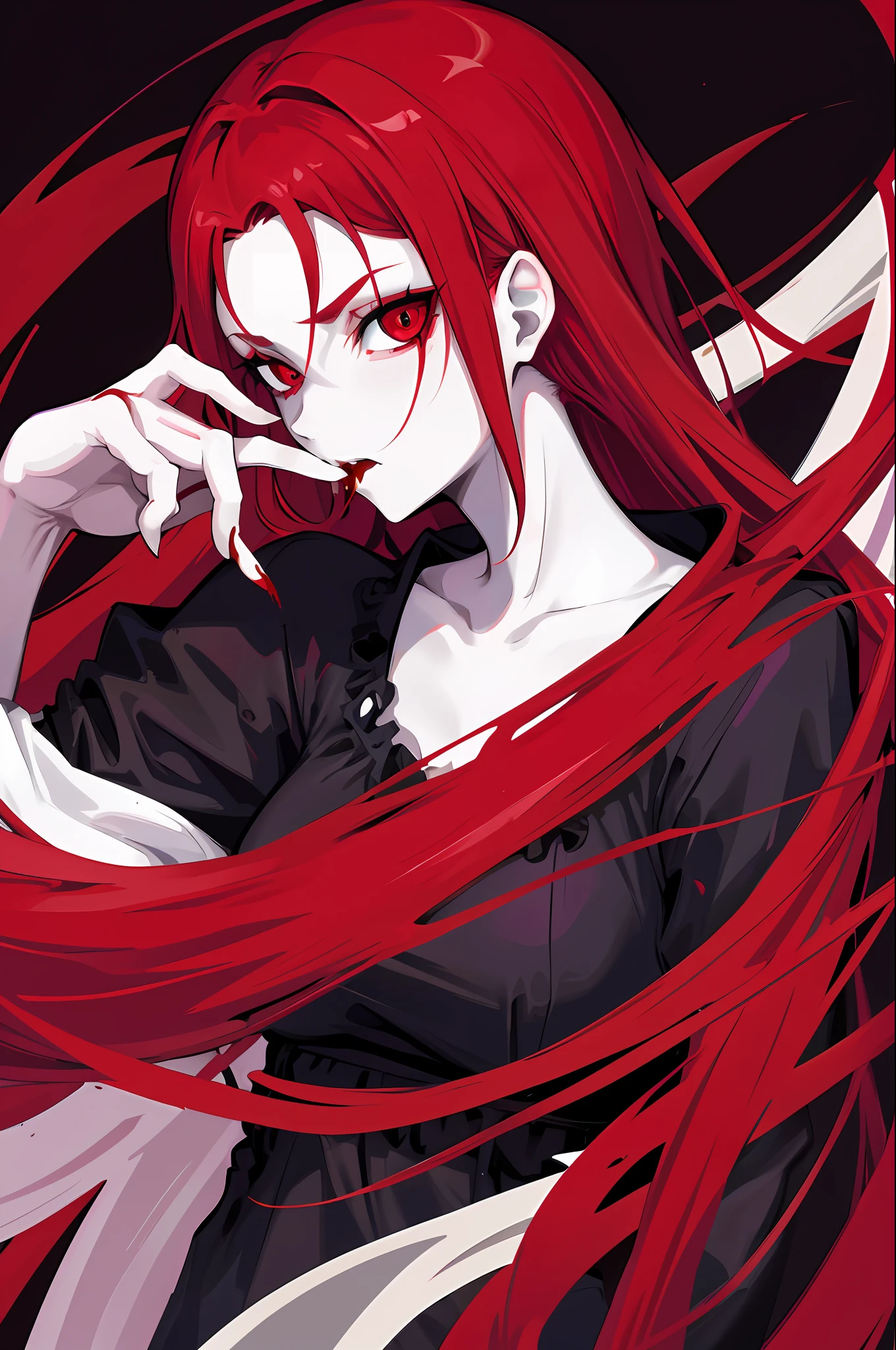 Vampire Girl with blood in her mouth,white skin,red hair,red eyes,with an evil look,,high quality,8k,masterpiece