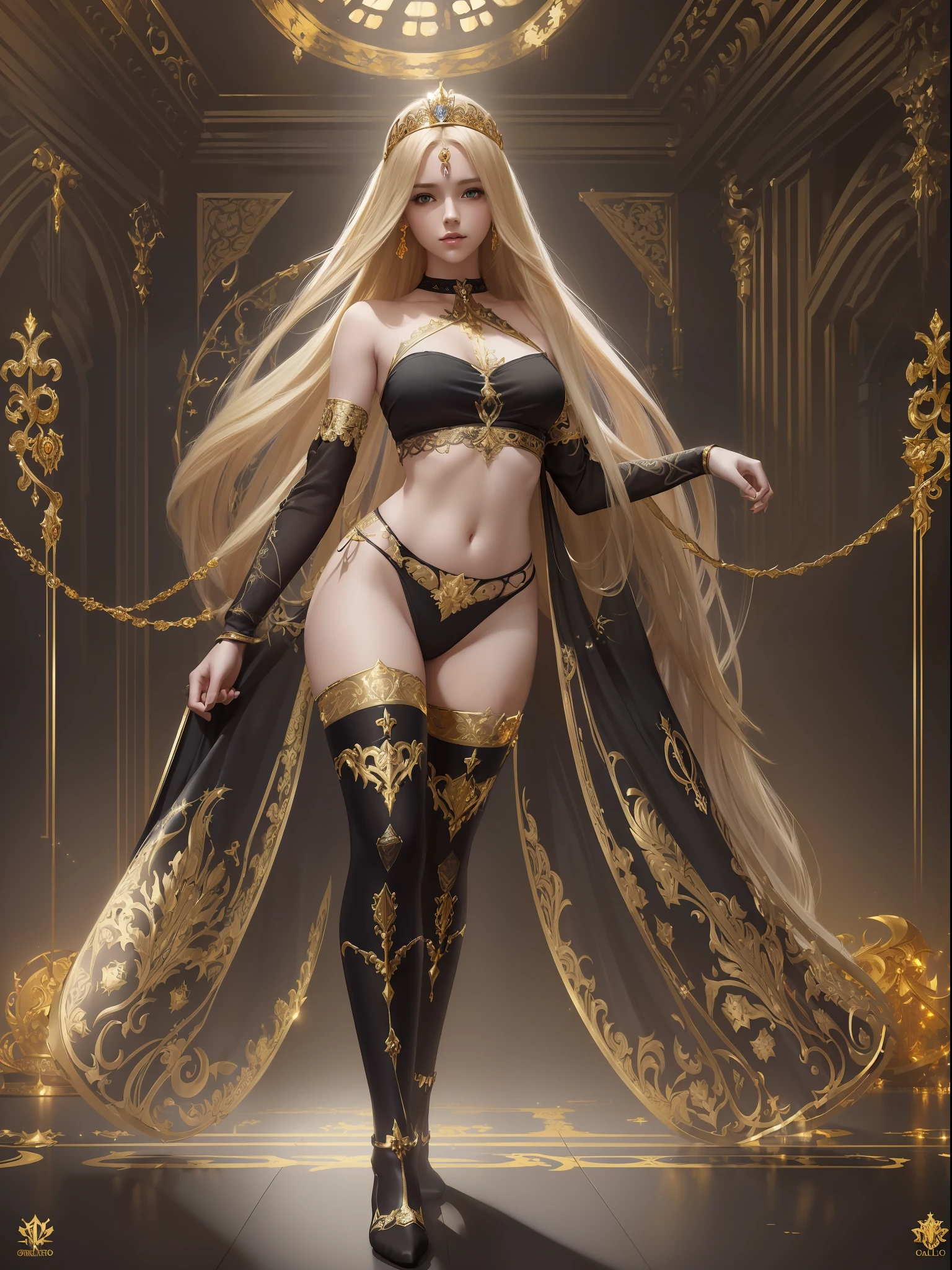(Best quality, masterpiece, ArtStation, Fantasy Art:1.2), a dim dark palace room, a beautiful cute girl holding clothes, (long blond hair, tiara:1.1), (intricate gold full body paint, black crop top, stockings:1.2)
