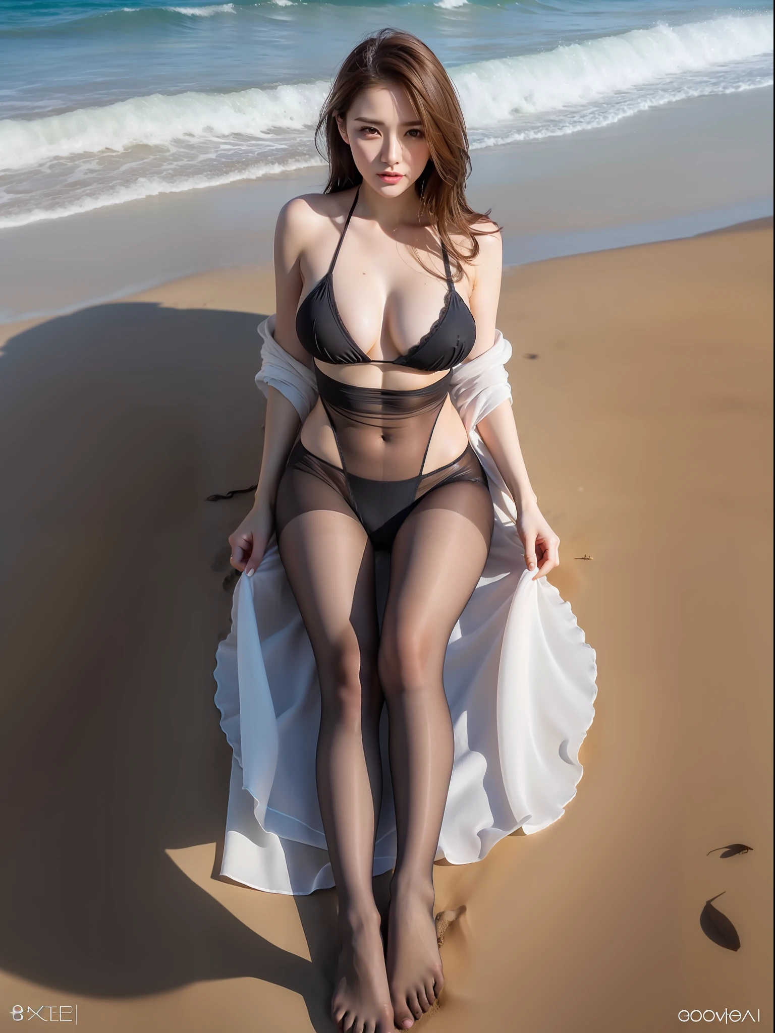 8K, RAW photo, high quality, realistic, professional lighting, face illumination, full body, 29 years old woman, brown hair, brown eyes, small head, perfect boob shape, beautiful eyes, real face, real skin, textured skin, erotic, pantyhose, on the beach, tease