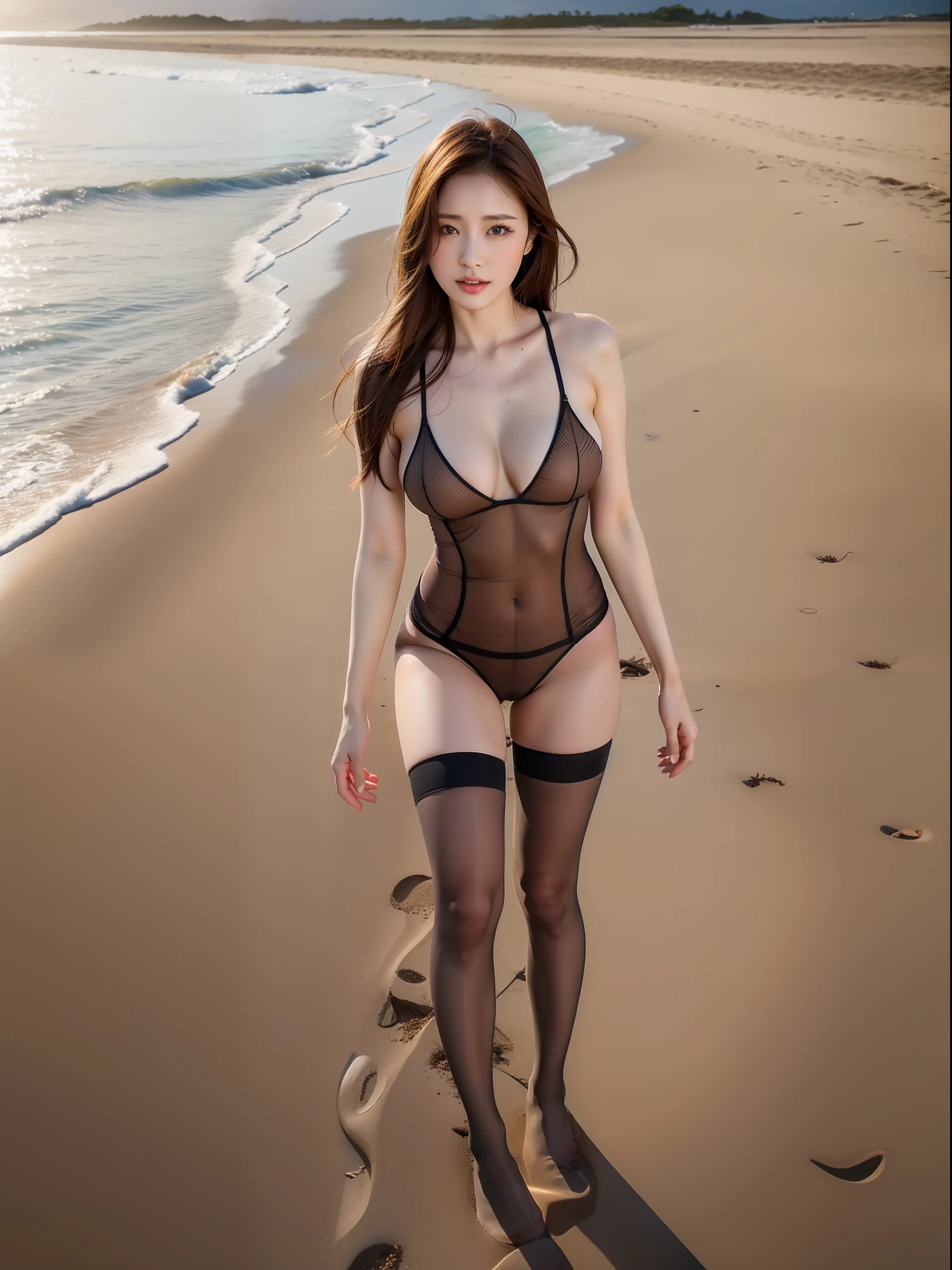 8K, RAW photo, high quality, realistic, professional lighting, face illumination, full body, 29 years old woman, brown hair, brown eyes, small head, perfect boob shape, beautiful eyes, real face, real skin, textured skin, erotic, pantyhose, on the beach, tease