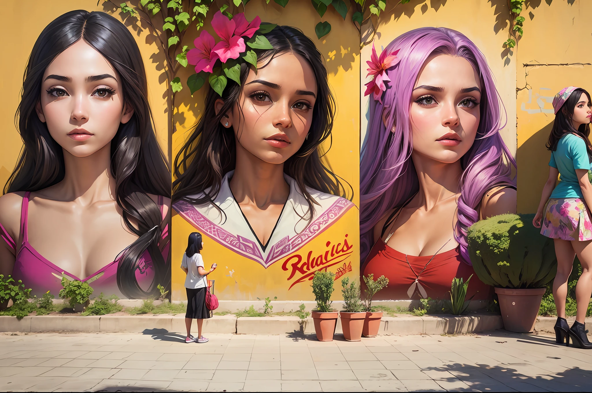 Mural, wall painting, graffiti on a wall. Behind and above the wall, there are bougainvillea plants, with some branches resting and hanging on the wall. Graffiti mural with Brazilian women with bandanas. Happy palette of colours. The bougainvillaeas branches are placed right up of the bandanas of the women painted on the wall, the branches look like their hair. A girl is on the street looking at the mural. Scene illuminated by natural light. Realistic raytraicing, photography, 3d. --auto --s2