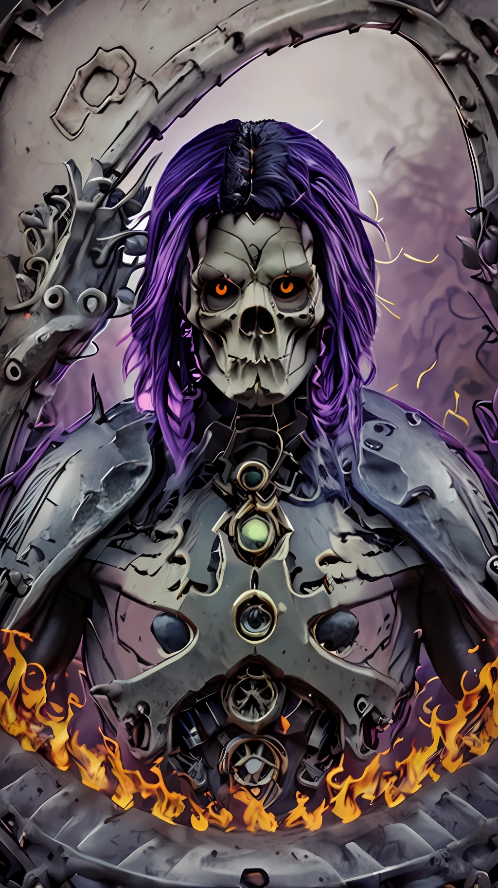 masterpiece, photorealistic, best quality, Death Comes, Steampunk style, (a necromancer skeleton character, mostly black, burning eyes molten lava), cinematic shading, intricate details, rim light, vivid colors, full light night, graveyard, dry trees, blur motion lens, leaves being blown away by the wind, GOPRO soft fisheye lens, Greg Rutkowisk, DSLR, intricate details, Adobe illustration, Digital Art, 8K.