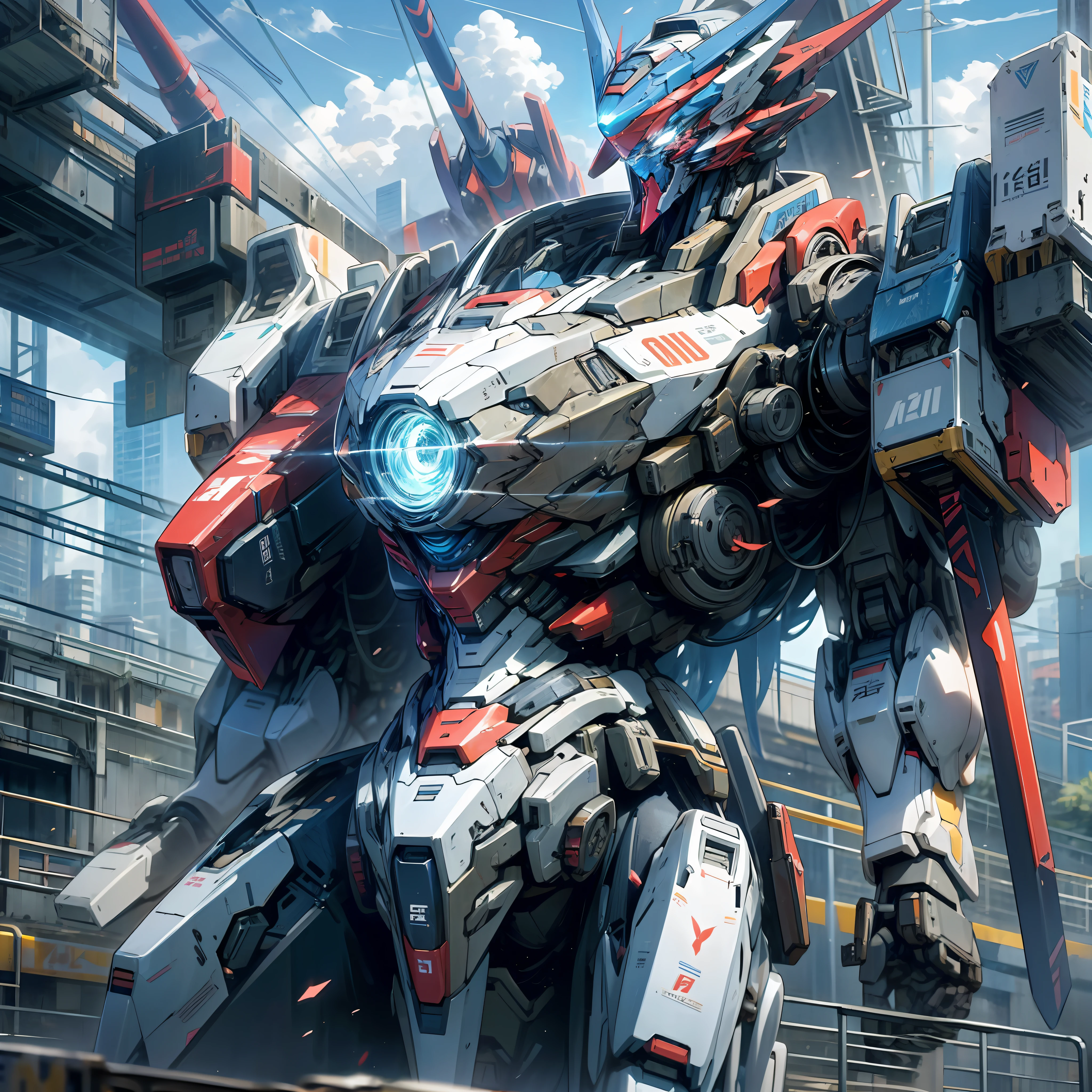 Sky, Clouds, holding_weapon, no_humans, Glow, Robot, Architecture, glowing_eyes, Mecha, Science Fiction, City, Reality, Mecha, Full Body, Blue and Red Metallic Luster, Cool Mecha Style, Modern Mecha Anime, Mecha Art, Anime Large Mecha Robot, Anime Mecha Aesthetics, Mecha Anime, Mecha Inspiration, Mecha Aesthetics, High Quality Digital Concept Art, Super Clear Face Details --auto --s2