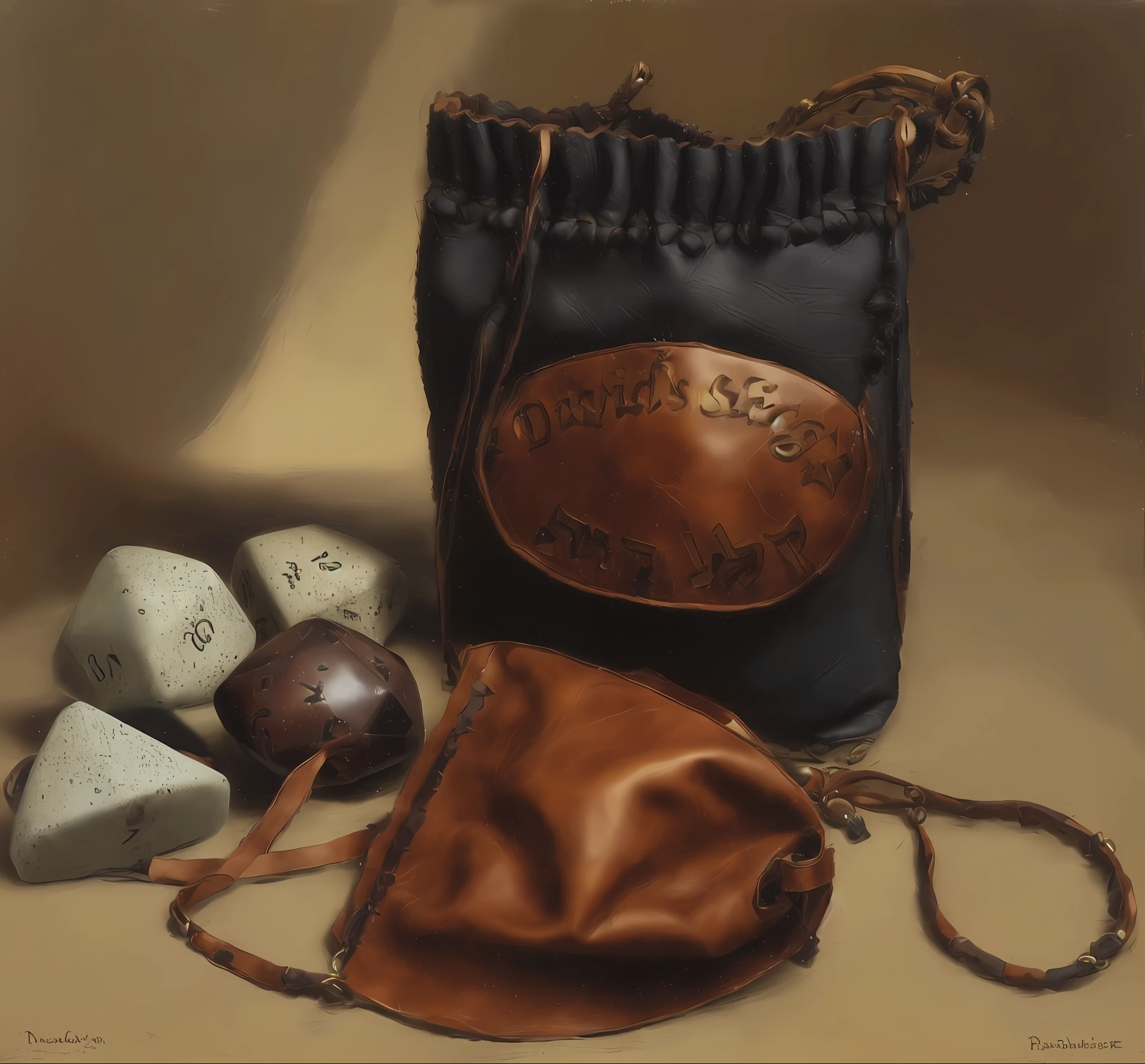 leather dice bag with stones and a drawstring, leather pouch, by Richard Hess, by David Burton-Richardson, by Douglas Shuler, 1/60, stones, version 3, clay amulets, [ shards, jewel, israel, # 0 1 7 9 6 f, embedded with gemstones, bl, inspired by János Saxon-Szász