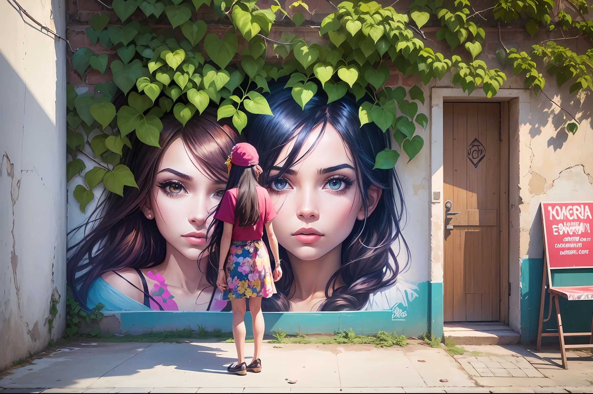 Mural, wall painting, graffiti on a wall. Behind and above the wall, there are bougainvillea plants, with some branches resting and hanging on the wall. Graffiti mural with Brazilian women with bandanas. Happy palette of colours. The bougainvillaeas branches are placed right up of the bandanas of the women painted on the wall, the branches look like their hair. A girl is on the street looking at the mural. Scene illuminated by natural light. Realistic raytraicing, photography, 3d. --auto --s2