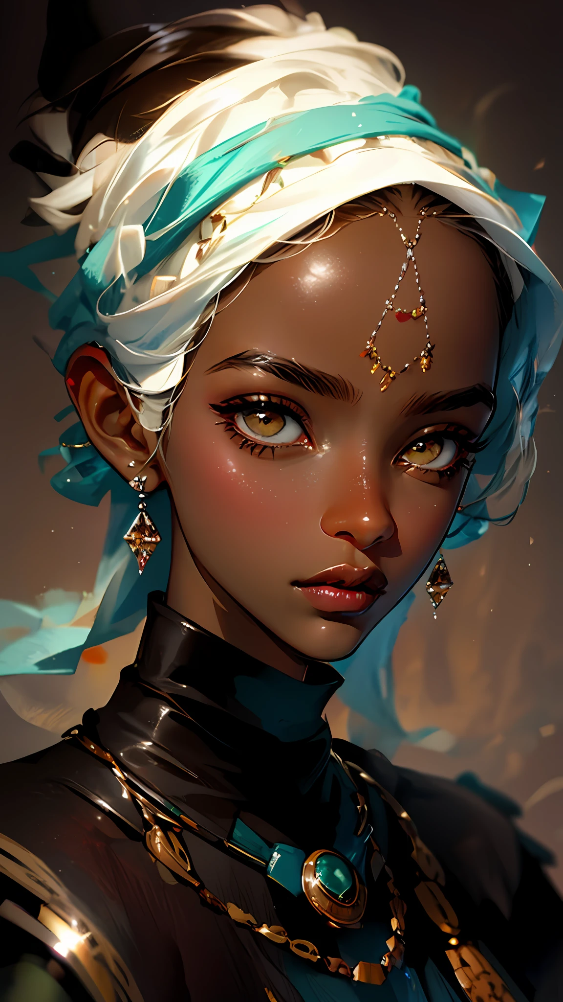 a close up of a woman with a white head scarf and a necklace, brown skin. light makeup, with brown skin, adut akech, brown skinned, dark-skinned, dark skin, dark skinned, dark complexion, dark brown skin, dark skin tone, brown skin, light-brown skin, high quality portrait, very dark brown skin!, beautiful portrait