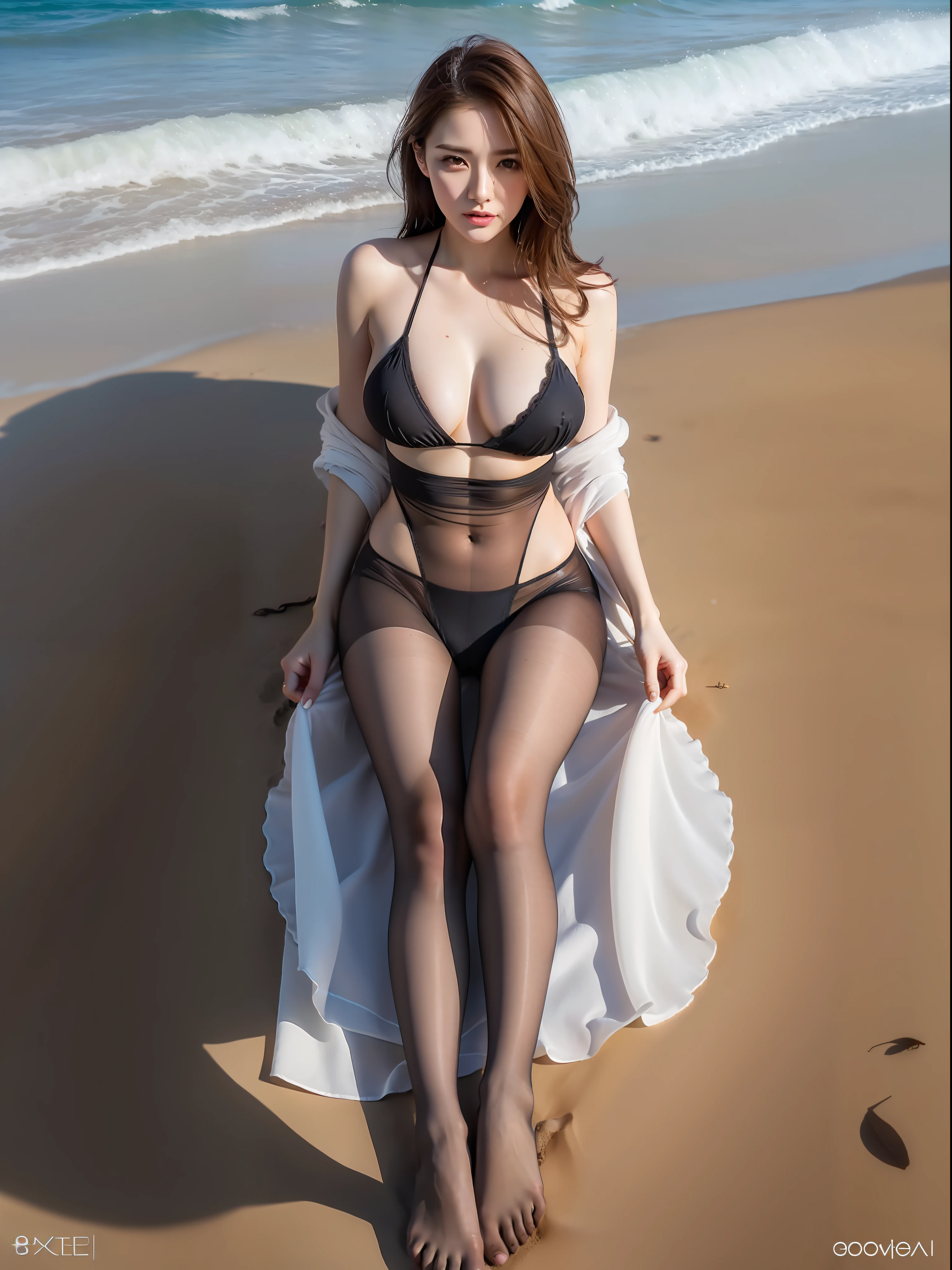 8K, RAW photo, high quality, realistic, professional lighting, face illumination, full body, 29 years old woman, brown hair, brown eyes, small head, perfect boob shape, beautiful eyes, real face, real skin, textured skin, erotic, pantyhose, on the beach, tease