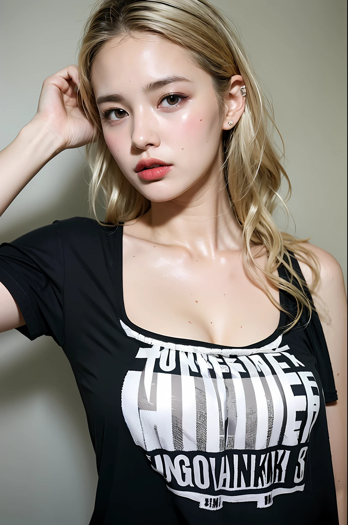 (1girl),large breasts, breasts, tan, dewy skin, sweaty skin, wavy blonde hair, punk tshirt, punk girl