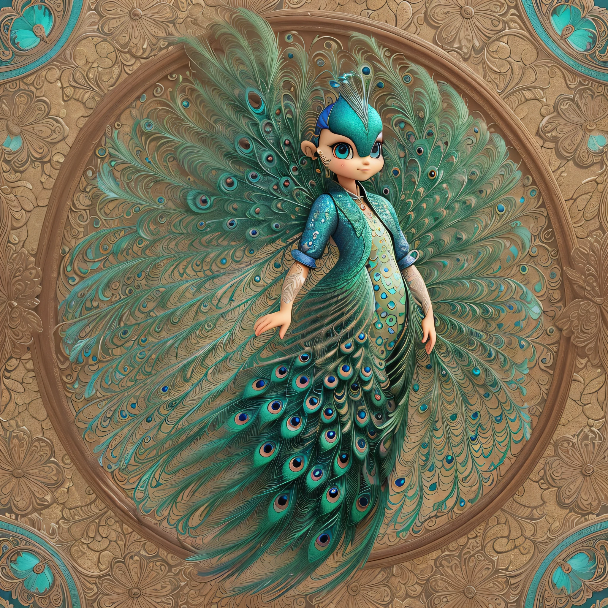 Little peacock, little wings, Ernst Haeckel, James Jean. generative art, baroque, intricate patterns, fractalism, film stills, realism, vibrant peacock feathers, intricate, elegant, very detailed, digital painting, artstation, smooth, clear focus, illustration, outrun, vaporware, full body shot