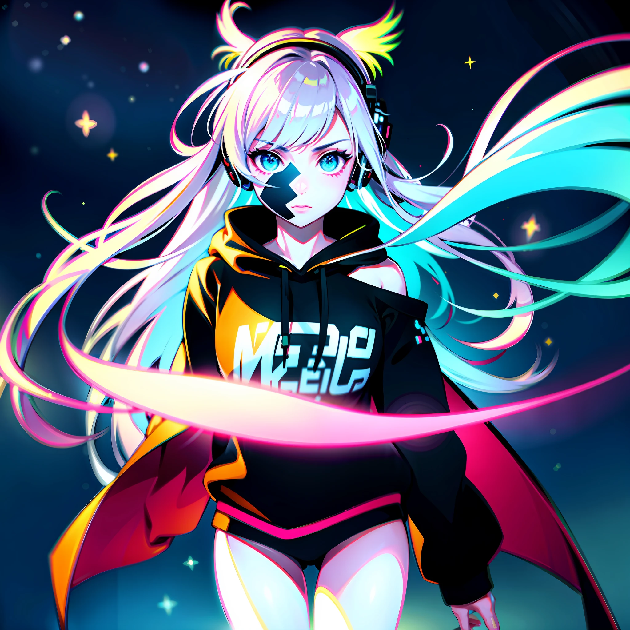 (Masterpiece), Best Quality, Ultra High Resolution, , Cyberpunk 1girl Flying over stunning cityscape, hoodie, long hair, neon shooting star, very long hair, headphones on, off-the-shoulder, feather hair ornament, neon color, glitter, stunning night sky, cinematic lighting, realistic, realistic skin, HDR, fisheye, moon, silver white hair, long hair flying messy