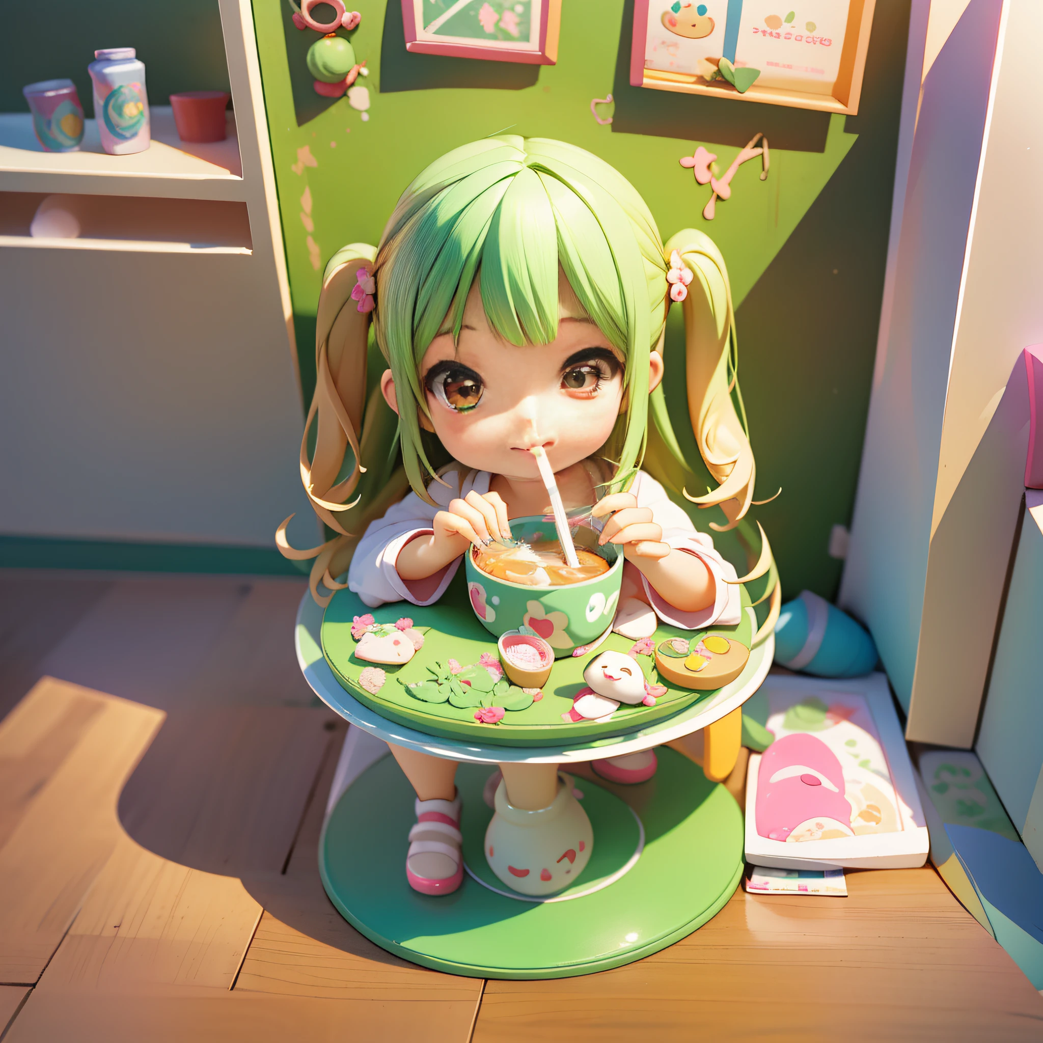 Cute girl drinking drink with straw on table, kawaii style, cute digital painting, cute detailed digital art, realistic cute girl painting, cute digital art, cute anime girl, cute kawaii girl, cute art style, kawaii realistic portrait, soda theme girl, cute cartoon characters, cute characters, guvez style artwork, cute detailed artwork
