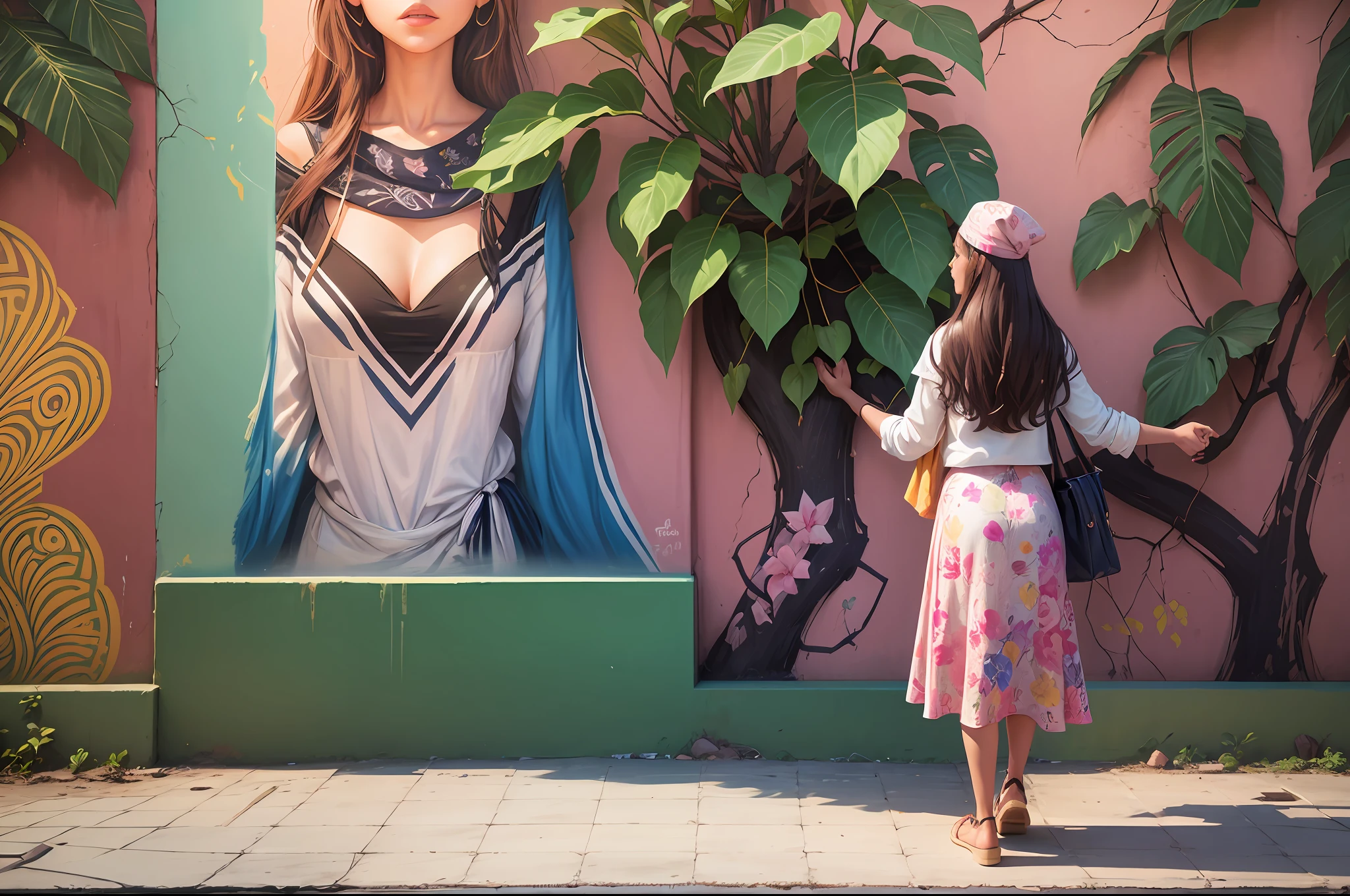 Mural, wall painting, graffiti on a wall. Behind and above the wall, there are bougainvillea plants, with some branches resting and hanging on the wall. Graffiti mural with Brazilian women with bandanas. Happy palette of colours. The bougainvillaeas branches are placed right up of the bandanas of the women painted on the wall, the branches look like their hair. A girl is on the street looking at the mural. Scene illuminated by natural light. Realistic raytraicing, photography, 3d. --auto --s2