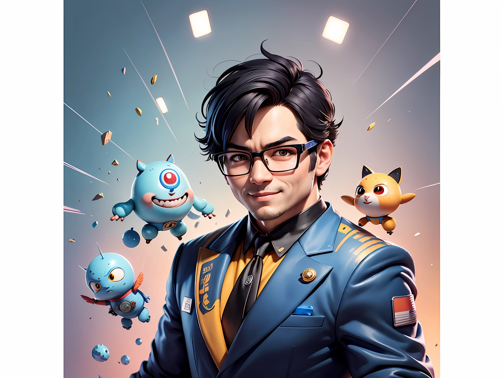Masterpiece), (Excellent), (Super Meticulous), (Full Body: 1.2), Super Young Woman, Beautiful, Sexy, Bursting, Oriental Face, TV Anchor, Bust Portrait Illustration, Alone, Black Suit, Blue Tie, Silver Glasses, Slightly Chubby Face, Very Clean Face, No Beard, Black Super Short Hair, Black Eyes, Confident Smile, 3c Computer Sub-Products, iPad, iPhone, Digital Painting, 3D Character Design by Akira Toriyama with Mark Claireden and Pixar and Hayao Miyazaki, The illustration is a high-definition illustration in 4K resolution with very detailed facial features and cartoon-style visuals.