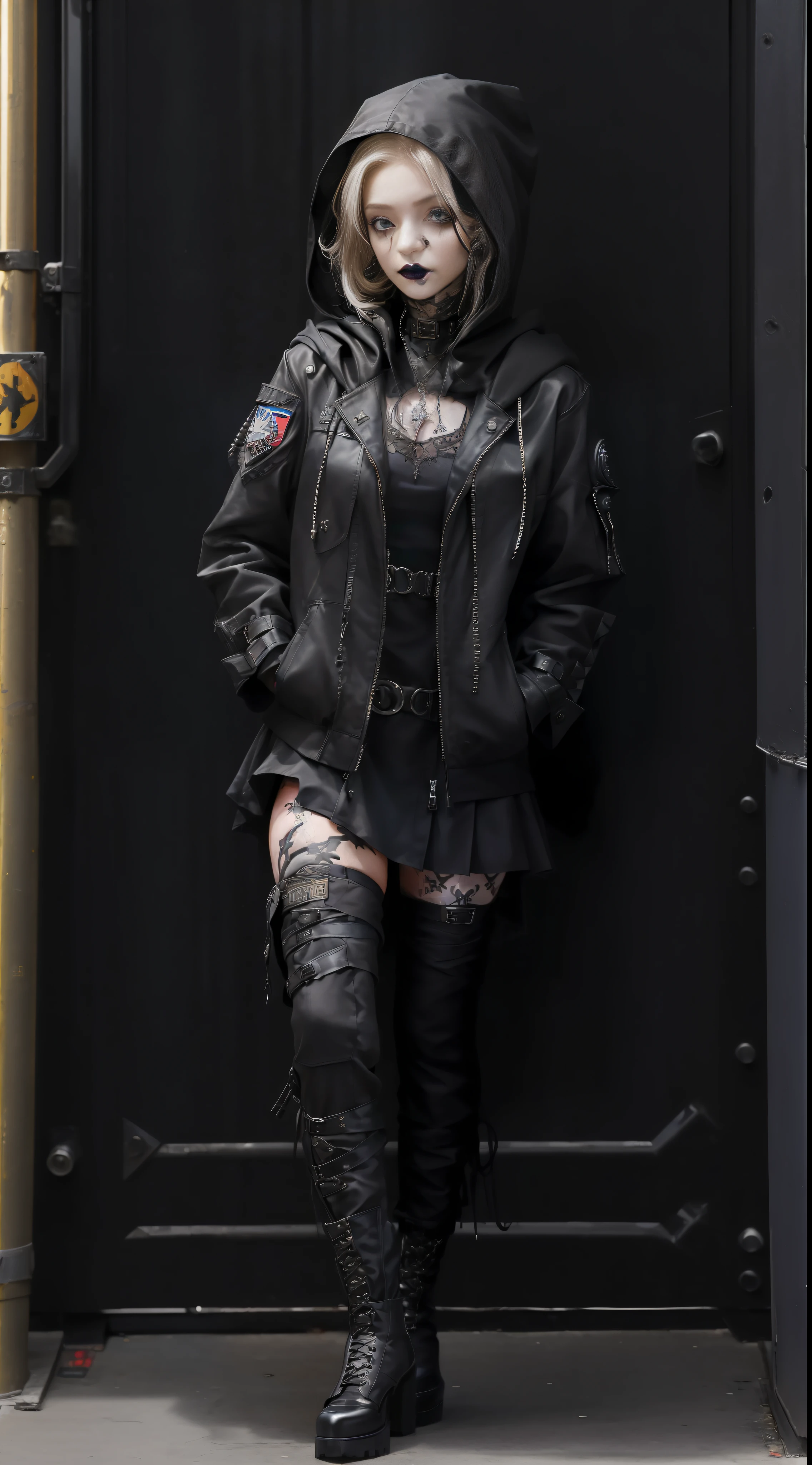 (A girl:1.5) [:(18 years:1.2, military style hair:0.9, various piercings:1.1):0.7], (black hood:1.2), (gothic fashion:1.3),backgrounds:((modern city:1.2, New York:1.2), narrow alley:0.9), posture:full body, (neutral expression:0.9, no smile:1.1)